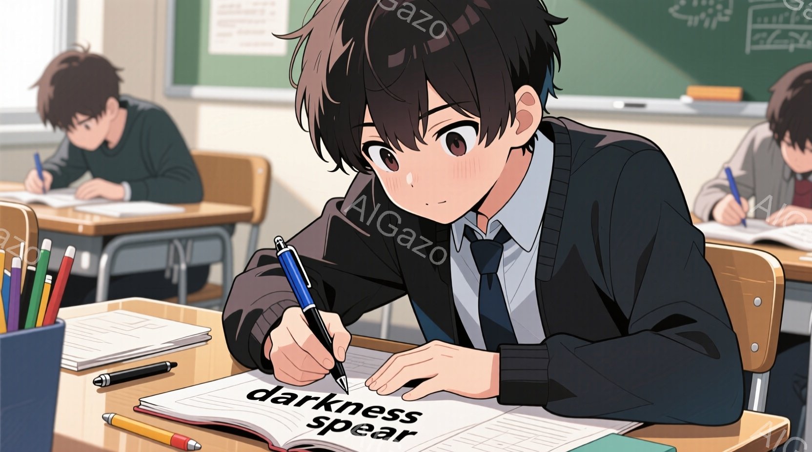 茶髪で少し癖のある髪型の男子学生が、授業中にノートに何かを書き込んでいる様子が描かれています。彼は制服姿で、真剣な表情でペンを握り、集中して課題に取り組んでいます。背景には他の生徒や黒板が見え、教室の - AI生成フリー素材