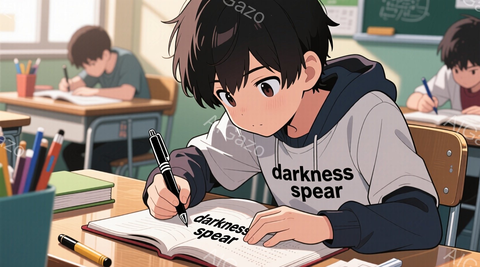 教室で少年がノートに何かを書いている様子が描かれています。少年は黒髪で、白いパーカーを着ており、集中した表情でペンを握っています。背景には他の生徒や机、そして黒板が見え、学校の授業風景が伝わってきます - AI生成フリー素材