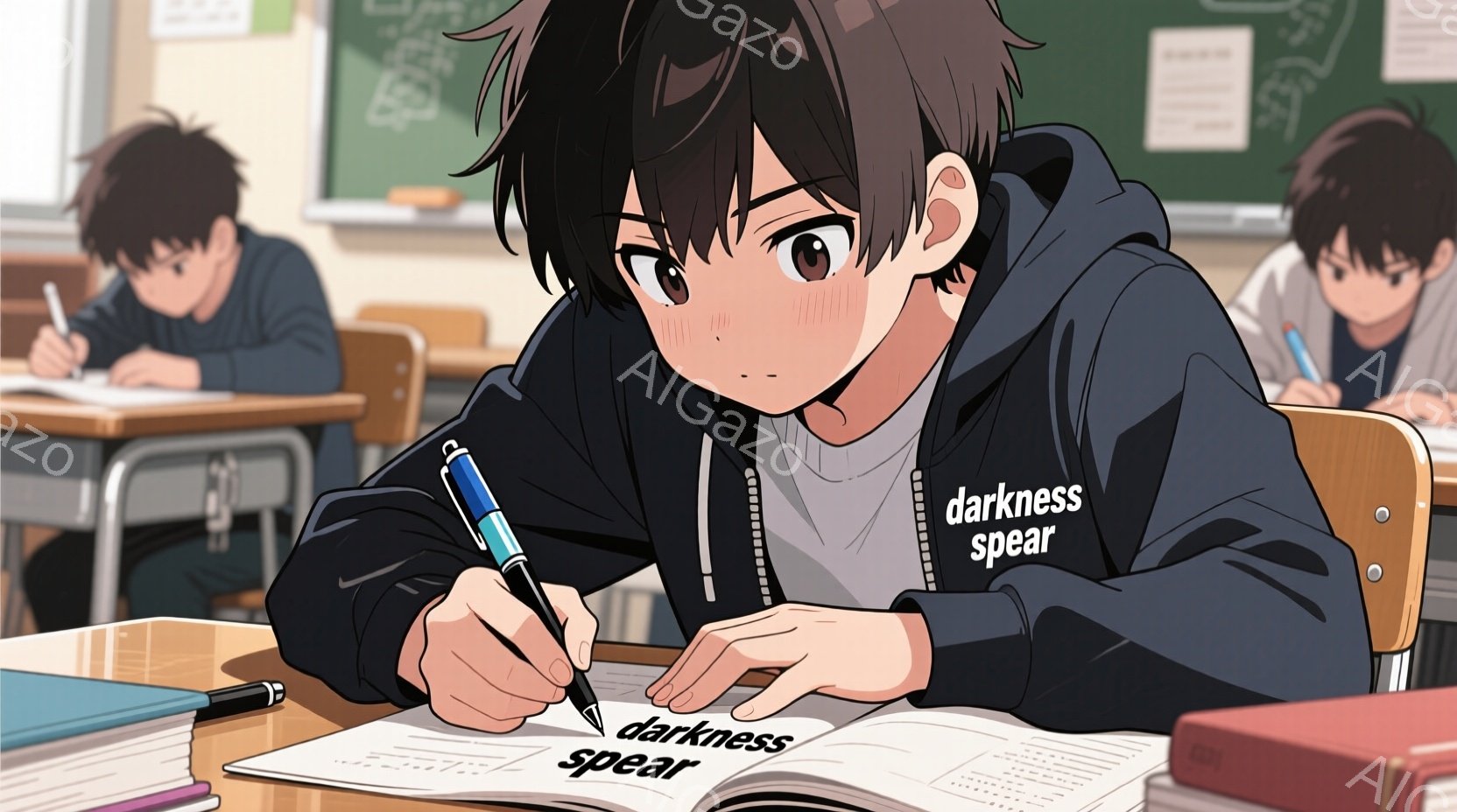 教室で勉強している男子学生を描いています。彼は黒いパーカーと白いTシャツを着ており、黒髪で少し無造作なヘアスタイルです。集中して問題集にペンで書き込んでおり、少し微笑んでいるような表情から、学習に意欲的であることが伺えます。