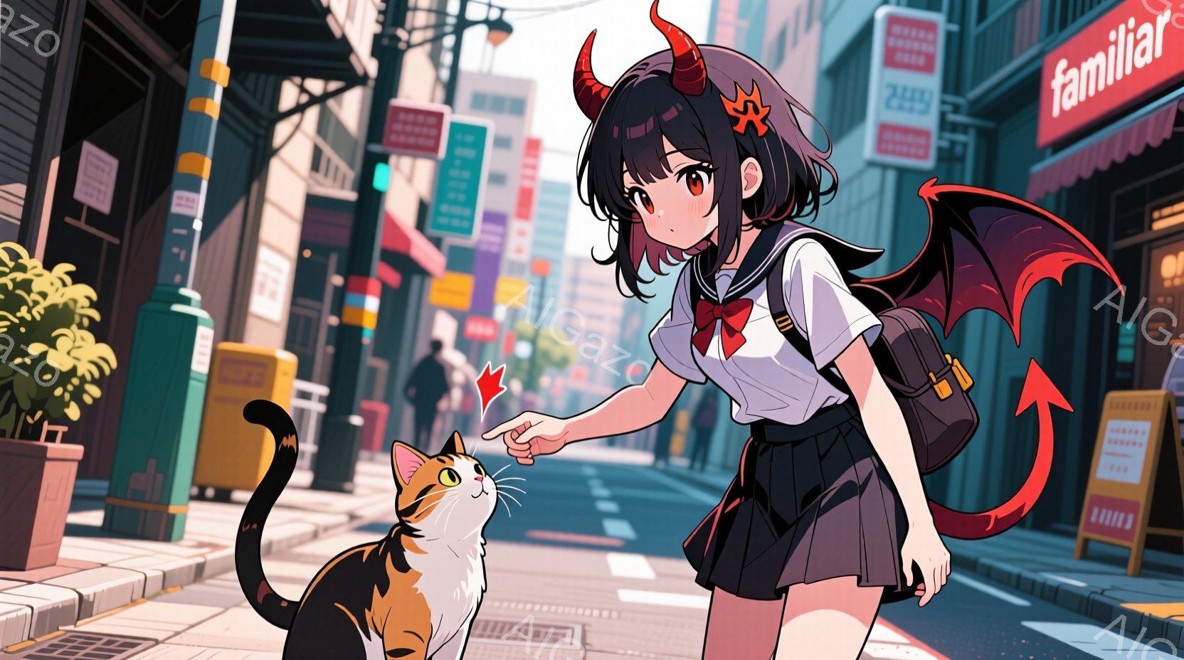 茶色の髪に赤い角を持つ少女が描かれています。彼女は白いシャツにスカート、リボンを付けた制服を着ており、猫に向かって指を差し伸べています。背景には、高層ビルや商店が並ぶ都市の通りが描かれ、晴天で活気のある雰囲気が漂っています。