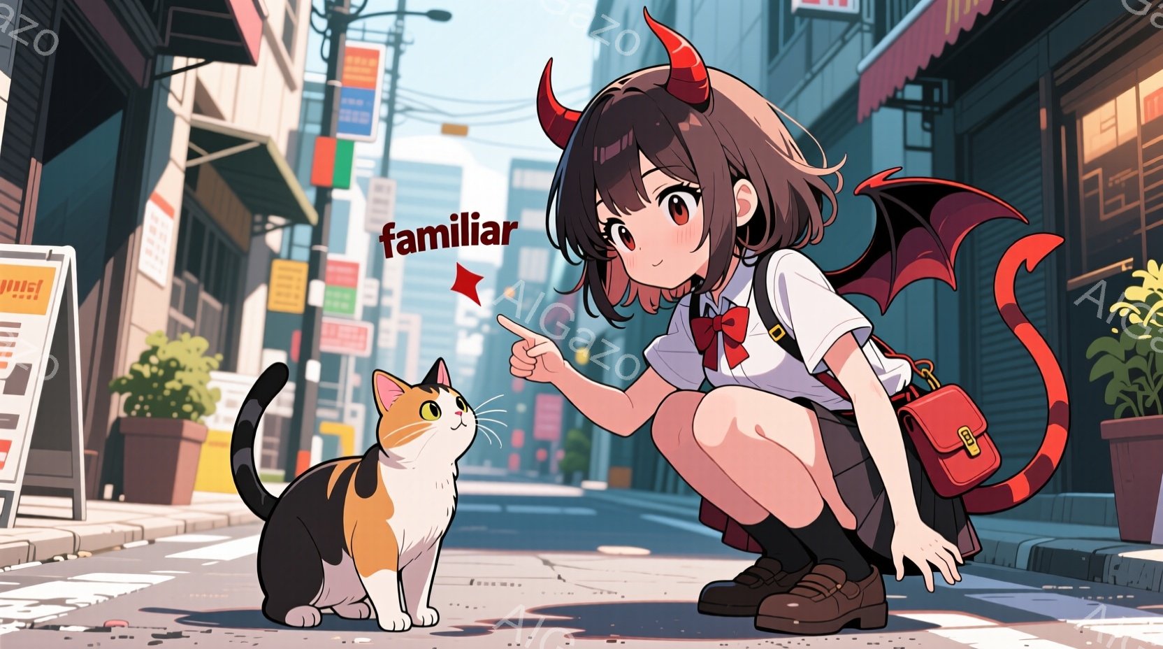 角と尻尾を持つ少女が描かれています。彼女は制服を着ており、茶色の短い髪に、片手を猫に向けて伸ばして、興味津々とした表情で猫を見つめています。背景は都市の通りで、建物や植物が見え、晴れた日の穏やかな雰囲 - AI生成フリー素材