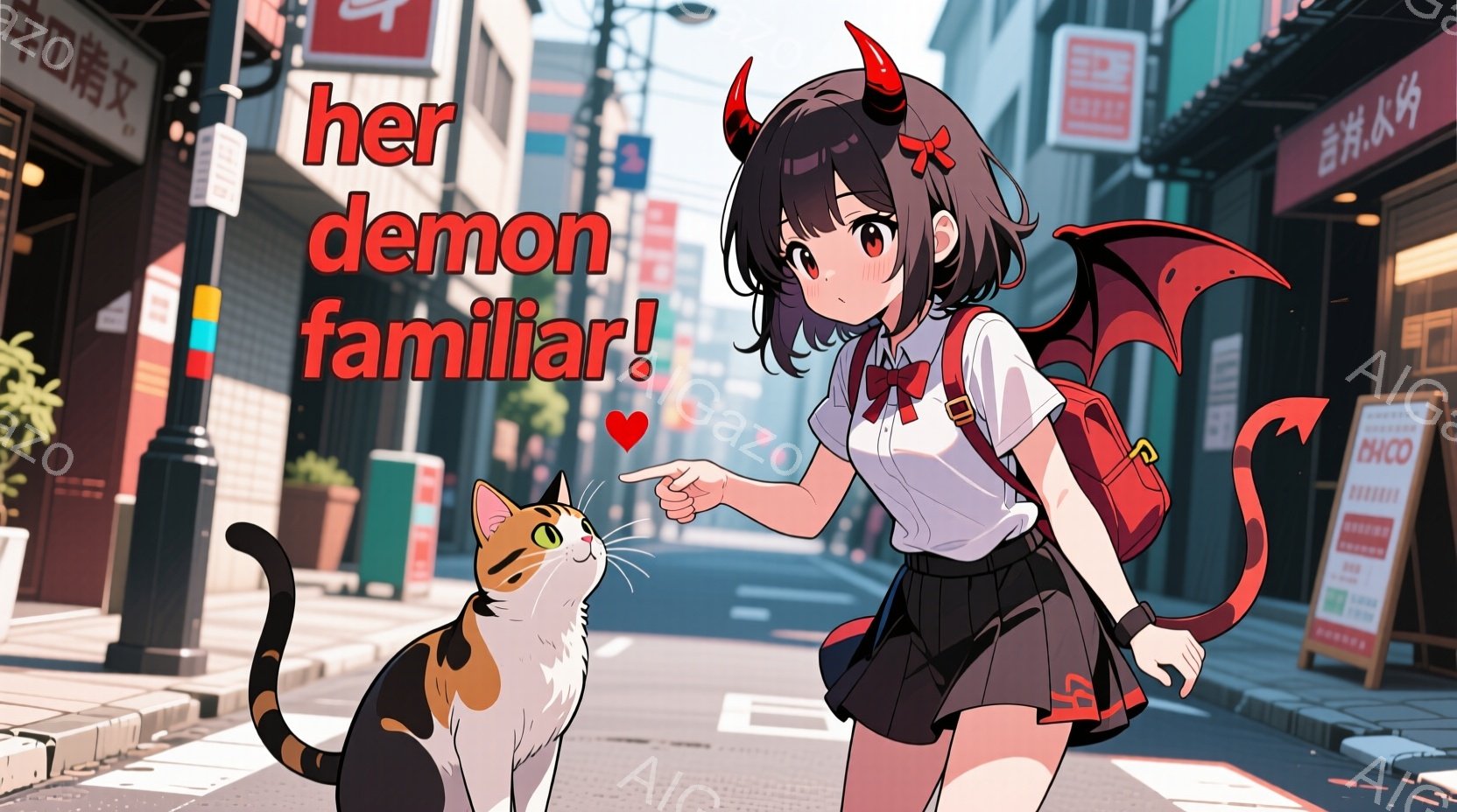 少女は、黒髪で、赤い角と尻尾を持つ、制服姿で描かれています。彼女は、片足を上げて、オレンジと白の猫に指を差しており、猫は彼女を見上げています。背景には、日本の街並みが広がり、空は晴れており、日中の穏やかな雰囲気が漂っています。