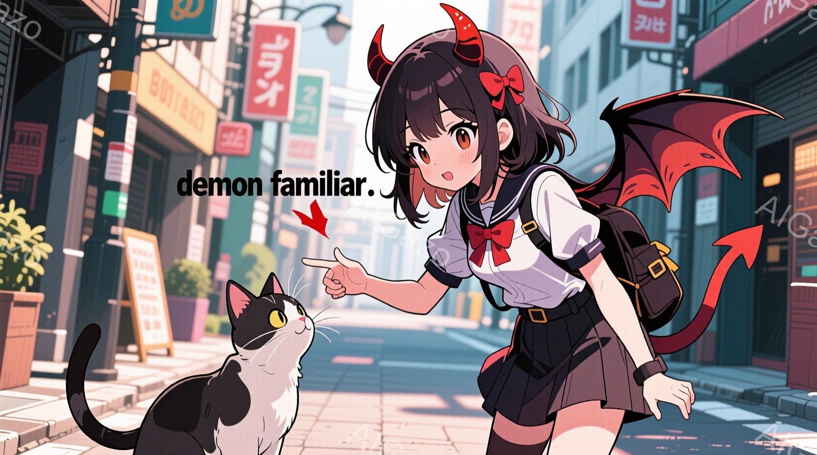 明るい髪を肩まで伸ばした少女は、制服姿で、片手を前に出し、黒猫に向かって何かを指し示しています。彼女は少し驚いたような表情で、頭には小さな角が生え、背中には尻尾が生えています。背景には日本の街並みが広がり、建物や看板、わずかな緑が見え、晴れた日の穏やかな雰囲気が漂っています。
