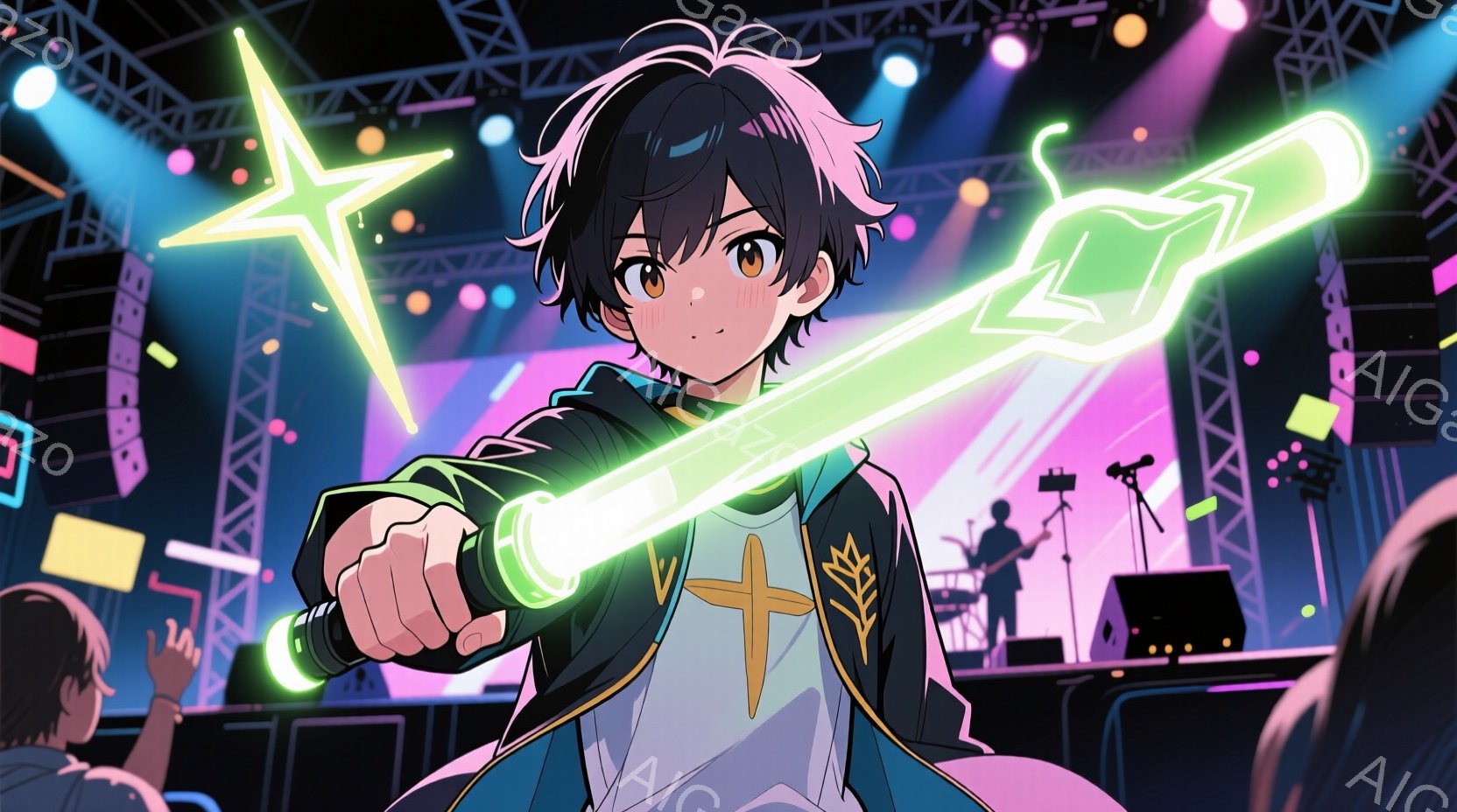 若い男性が、緑色の光る剣を力強く握り、構えている姿が描かれている。彼は黒髪で、前髪は少し跳ねている。背景にはコンサート会場のようなステージと観客が見え、華やかな光が彼を照らしている。 - AI生成フリー素材