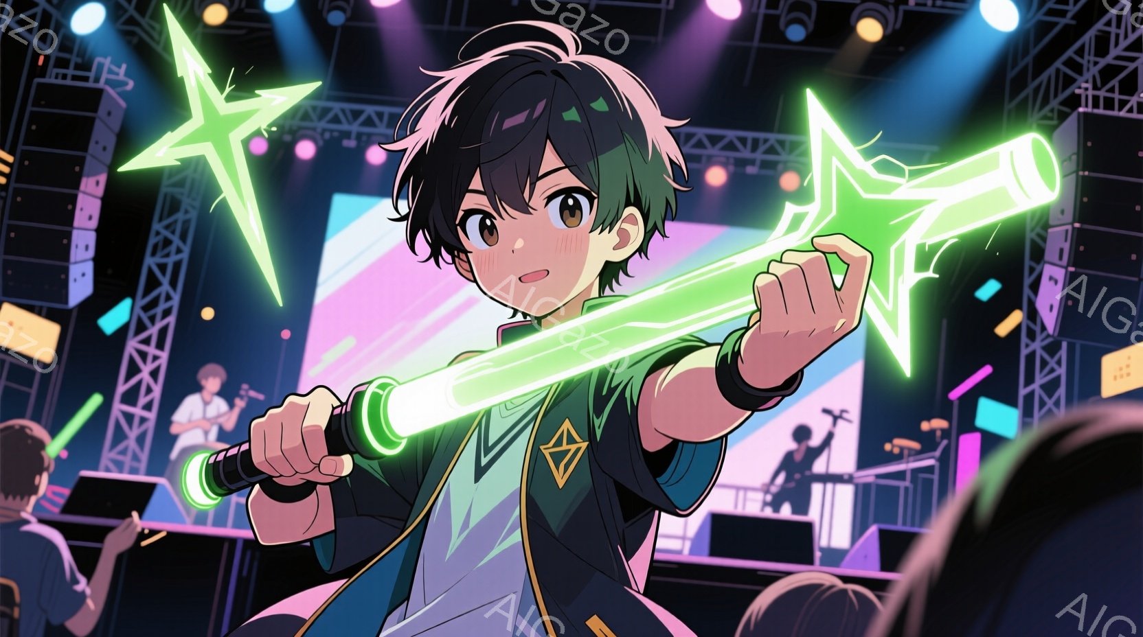 緑色の光る棒のようなものを両手で握り、前方に突き出した少年を描いています。少年は黒髪で、前髪が少しハネています。白いシャツに黒いジャケット、そして金色のアクセントが施された服装で、ステージ上でパフォーマンスをしている様子です。