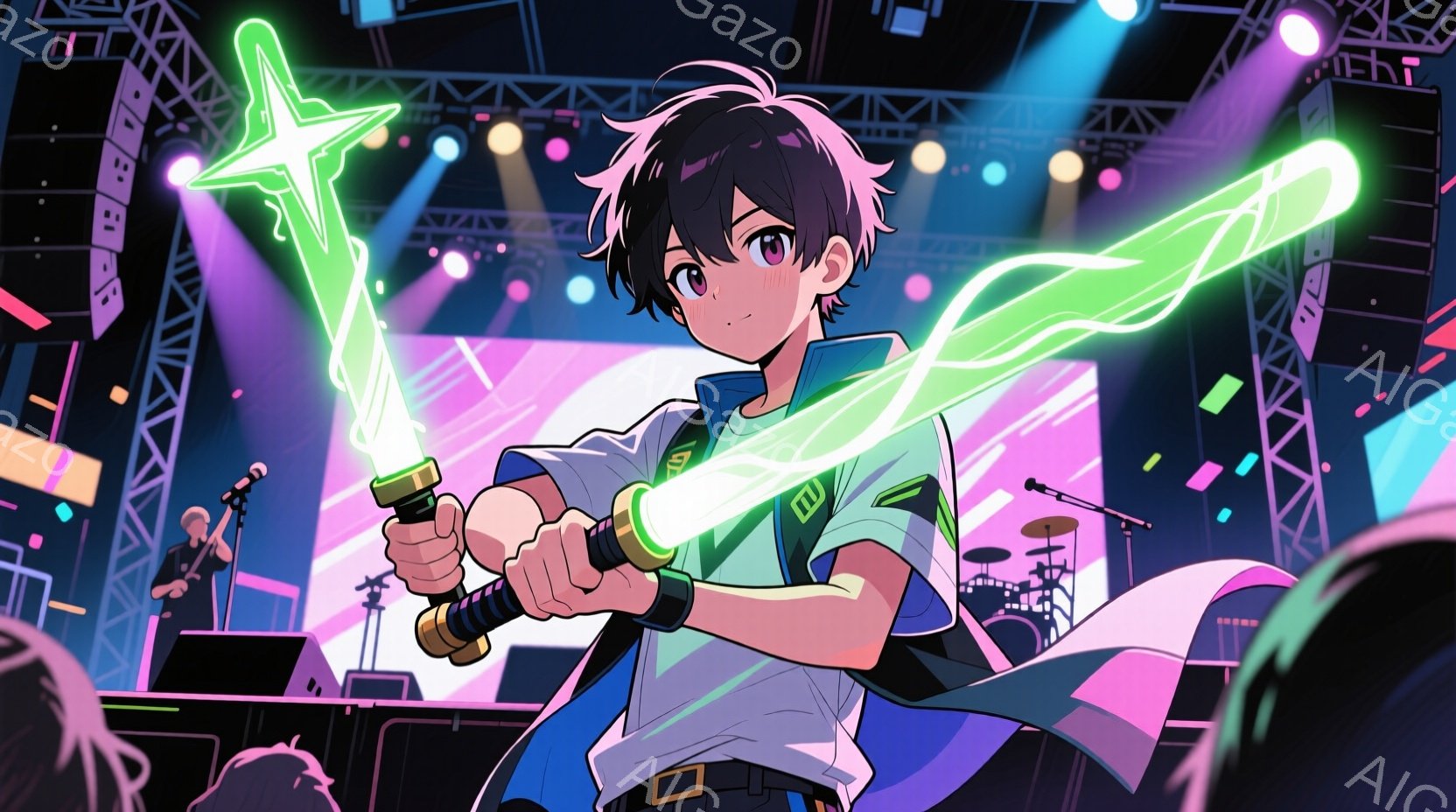 若い男性が、光る緑色の剣を高く掲げています。彼は短い黒髪で、青い目をしており、少し驚いた表情を浮かべています。背景にはコンサート会場のようなステージがあり、楽器や照明が配置され、エネルギッシュな雰囲気を醸し出しています。