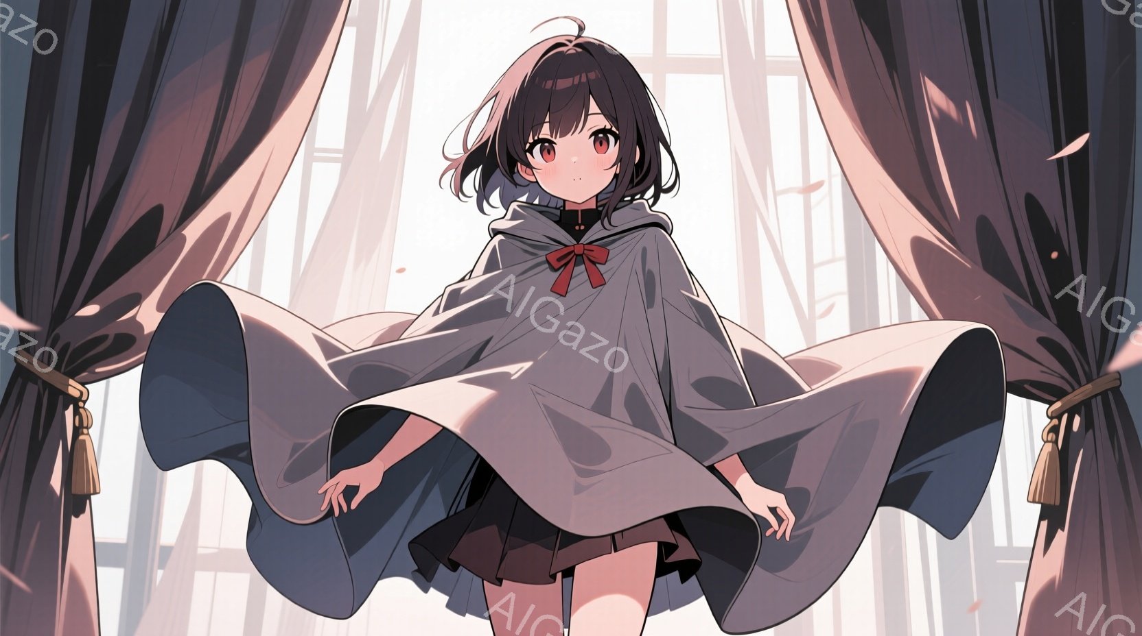 黒髪の少女が、灰色のマントを羽ばたかせながら立っている。赤いリボンが首元を飾り、短いスカートと素足が露出している。背景には窓とカーテンがあり、光が差し込み、神秘的で少し寂しげな雰囲気を醸し出している。 - AI生成フリー素材