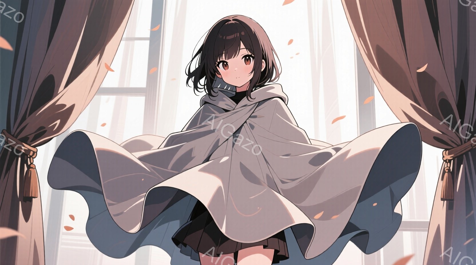 短い黒髪の少女が、風に舞う白いマントを羽織っています。彼女は黒いスカートと、おそらく白いシャツまたはブラウスを着ており、少し顔を赤らめて微笑んでいます。背景には、窓から差し込む光と、舞い散る花びらが確 - AI生成フリー素材