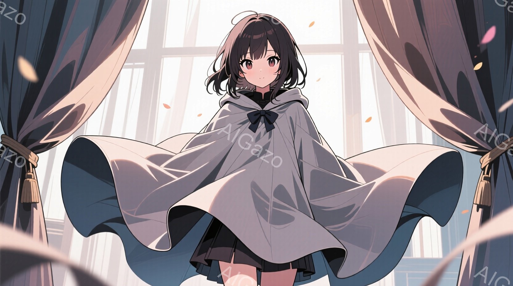 少女は、白くふわふわとしたケープと黒いスカートを身につけ、わずかに微笑んでいます。彼女の髪は黒く、肩のあたりでカールしており、目は明るい色をしています。背景には、窓からの光が差し込み、舞い散る花びらが - AI生成フリー素材