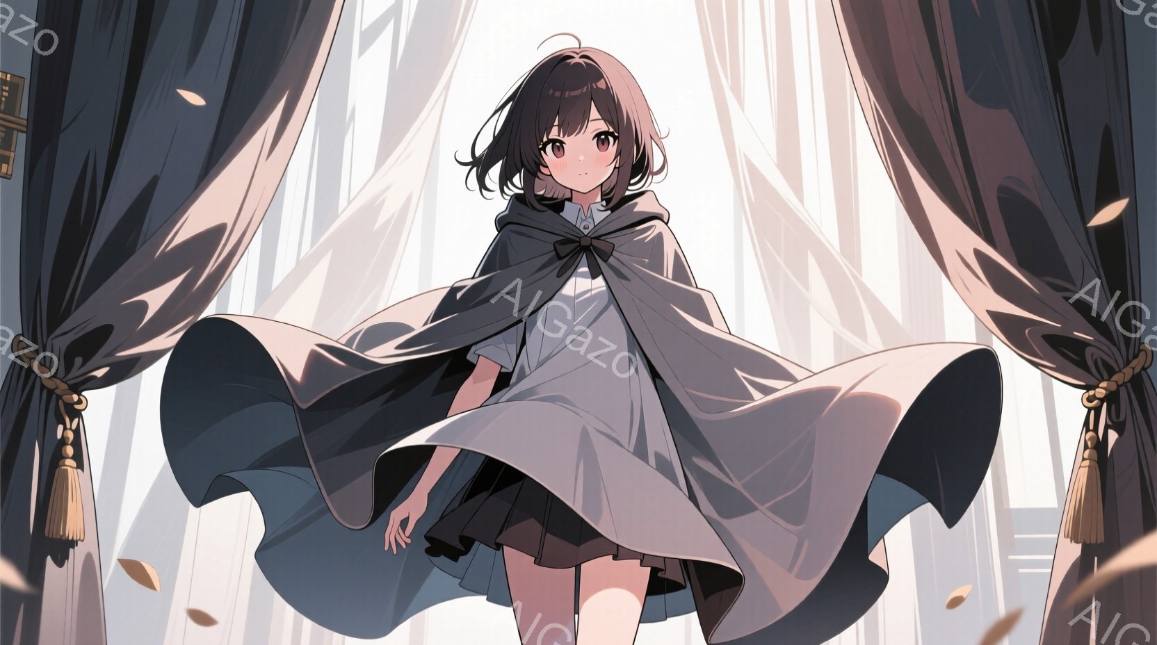 少女は黒い髪を肩のあたりで切り揃え、白いシャツと黒いスカート、そして大きく広がる黒いマントを身につけている。彼女はわずかに下を向き、少し憂いを帯びた表情で、風に揺れるマントを優雅に広げている。背景には - AI生成フリー素材