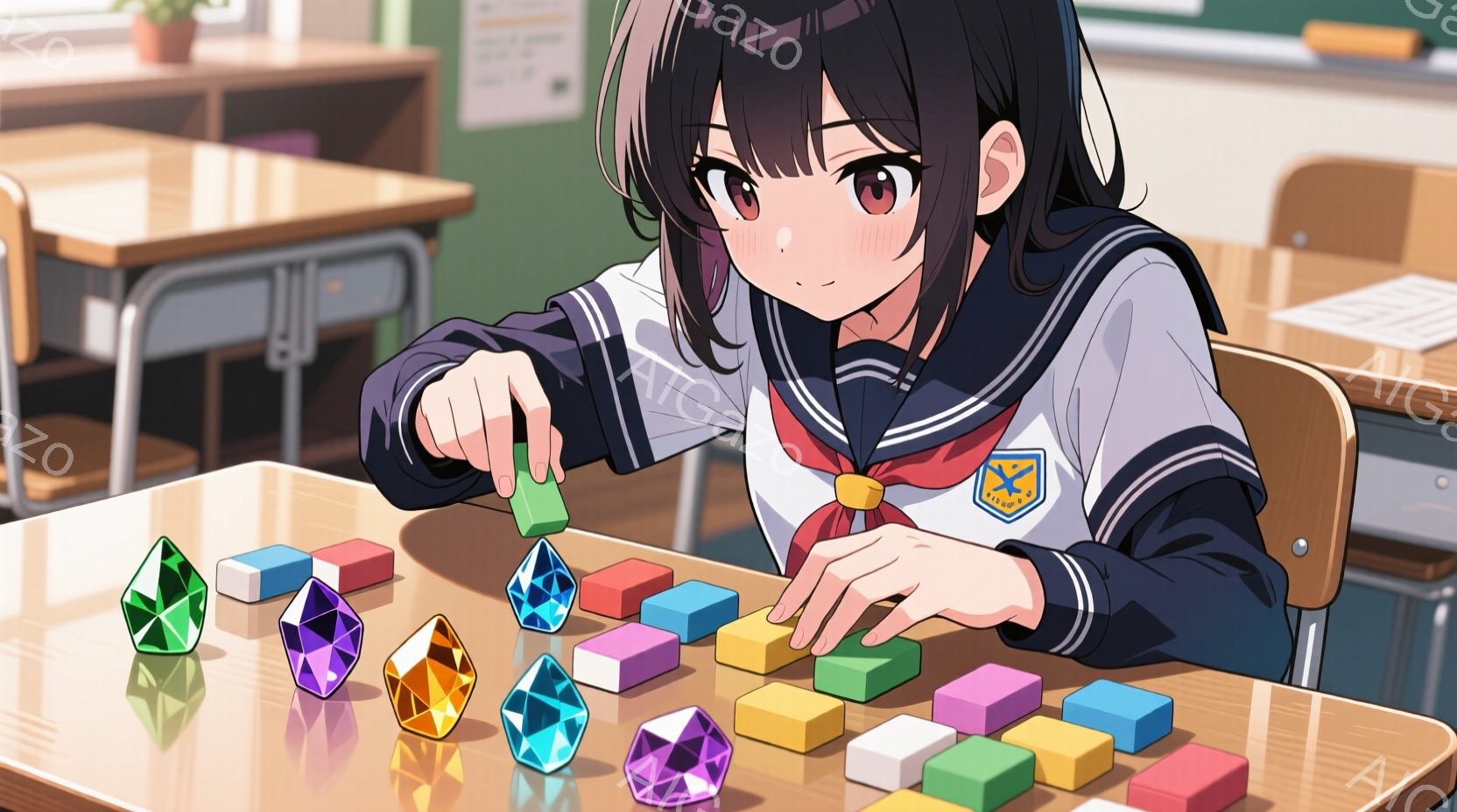 セーラー服を着た少女が、カラフルな宝石のようなブロックを机の上に並べている様子を描いています。彼女は茶色のボブヘアで、少し頬を赤らめ、集中してブロックを配置しています。教室の背景には、他の机と椅子が見 - AI生成フリー素材