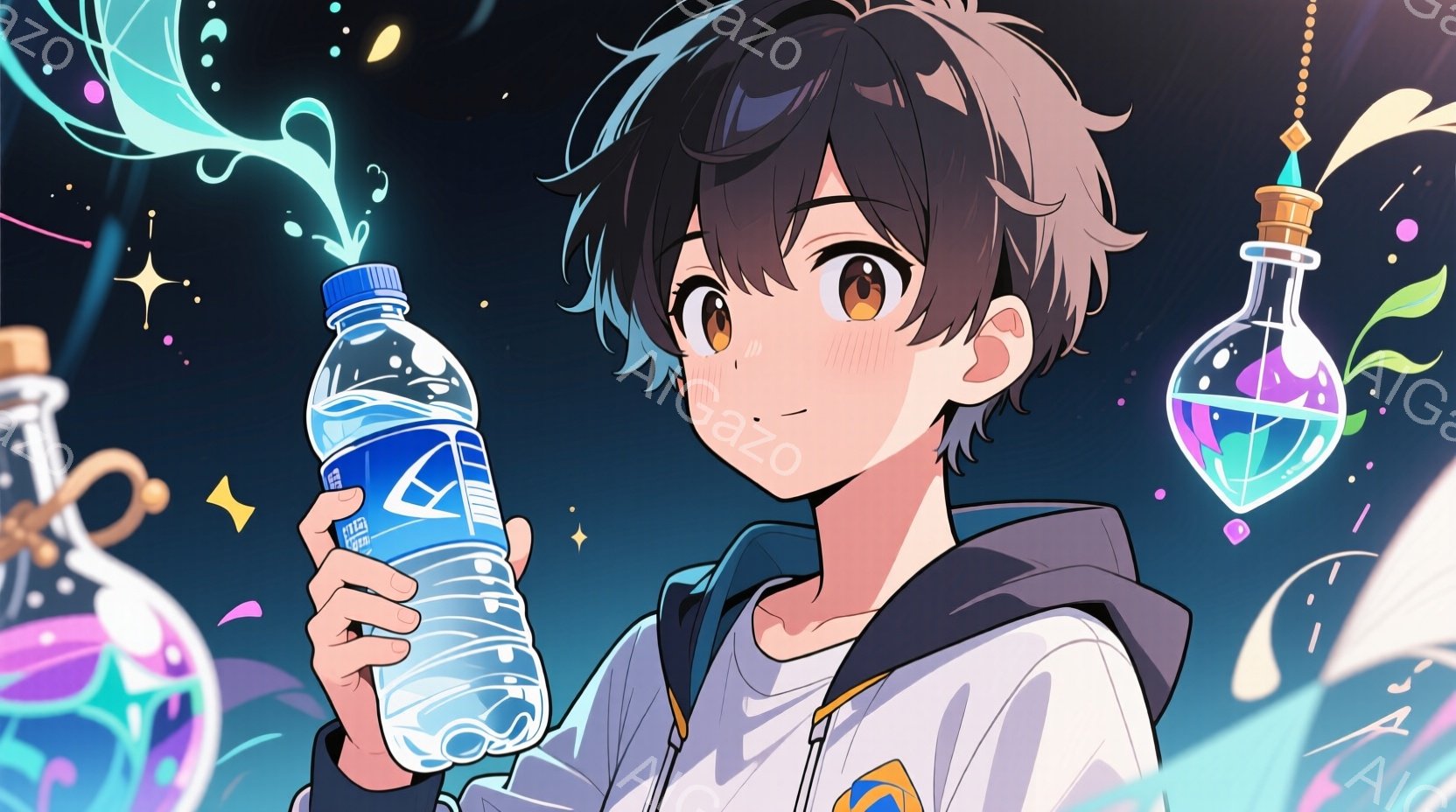 少年は、白いフード付きのセーターの下に青と白のジャケットを着て、少し微笑んでいます。彼は右手に透明な水のボトルを持っており、そこから青い光の粒子が舞い上がっています。背景には、紫色の液体が入ったガラス瓶がいくつか浮かんでおり、キラキラと光る粒子が散りばめられており、ファンタジーのような神秘的な雰囲気を作り出しています。