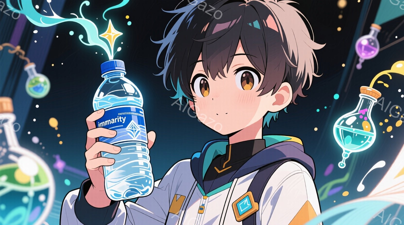 若い男性が水筒を持ち、明るい笑顔を浮かべている。彼は青と黒のグラデーションヘアで、白いジャケットと黒い襟、そして青いスカーフを身につけている。背景には、様々な色の液体が入った試験管や、きらめく光のエフェクトが散りばめられており、ファンタジーのような雰囲気を醸し出している。