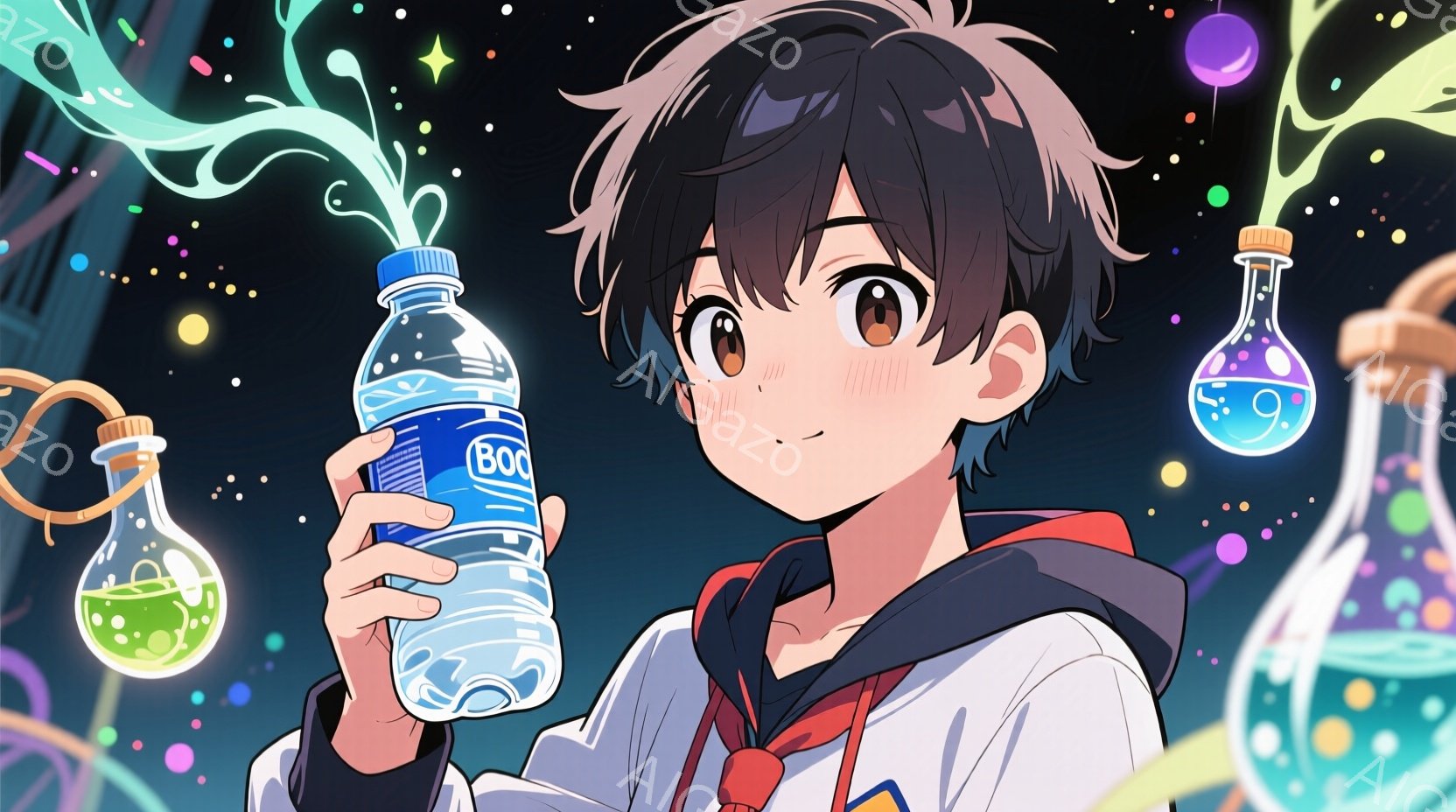 短い黒髪で、少し頬を赤らめた若い男性を描いています。彼は白いシャツと赤いネクタイ、そして黒いセーラー風のジャケットを着ており、片手に水が入ったペットボトルを持っています。背景には、様々な色の光る粒子や - AI生成フリー素材