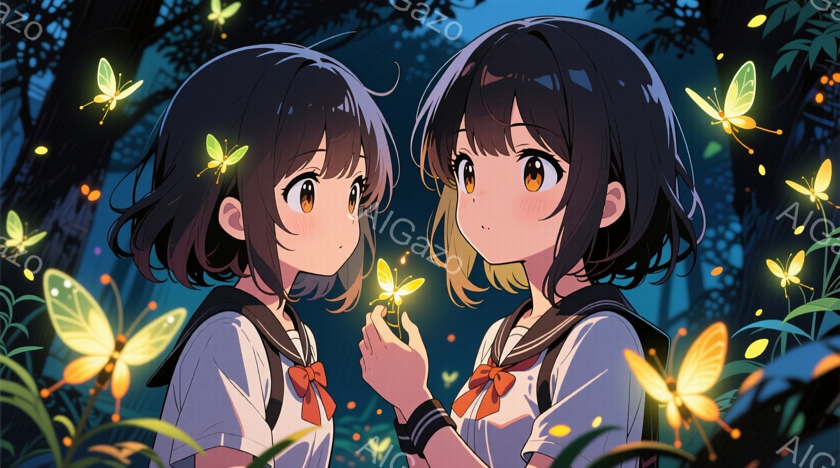 二人の若い女性が夜の森の中で向かい合って立っています。二人はどちらもセーラー服を着ており、短い黒髪にオレンジ色のリボンをつけています。周囲には光る蝶が舞い、幻想的な雰囲気を醸し出しています。 - AI生成フリー素材