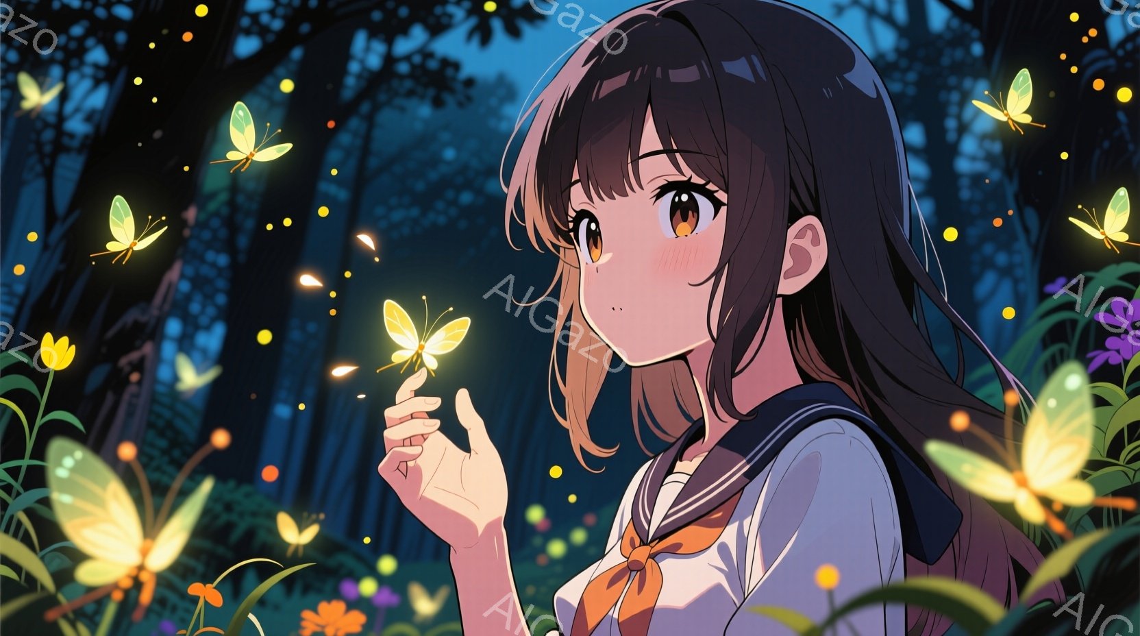 長い茶色の髪に、前髪が少し入った少女が描かれています。彼女はセーラー服を着ており、片手に光る蝶が舞い降りている様子です。背景には、花々が咲き乱れ、夜空には無数の光る蝶が飛び交い、幻想的な雰囲気を醸し出 - AI生成フリー素材