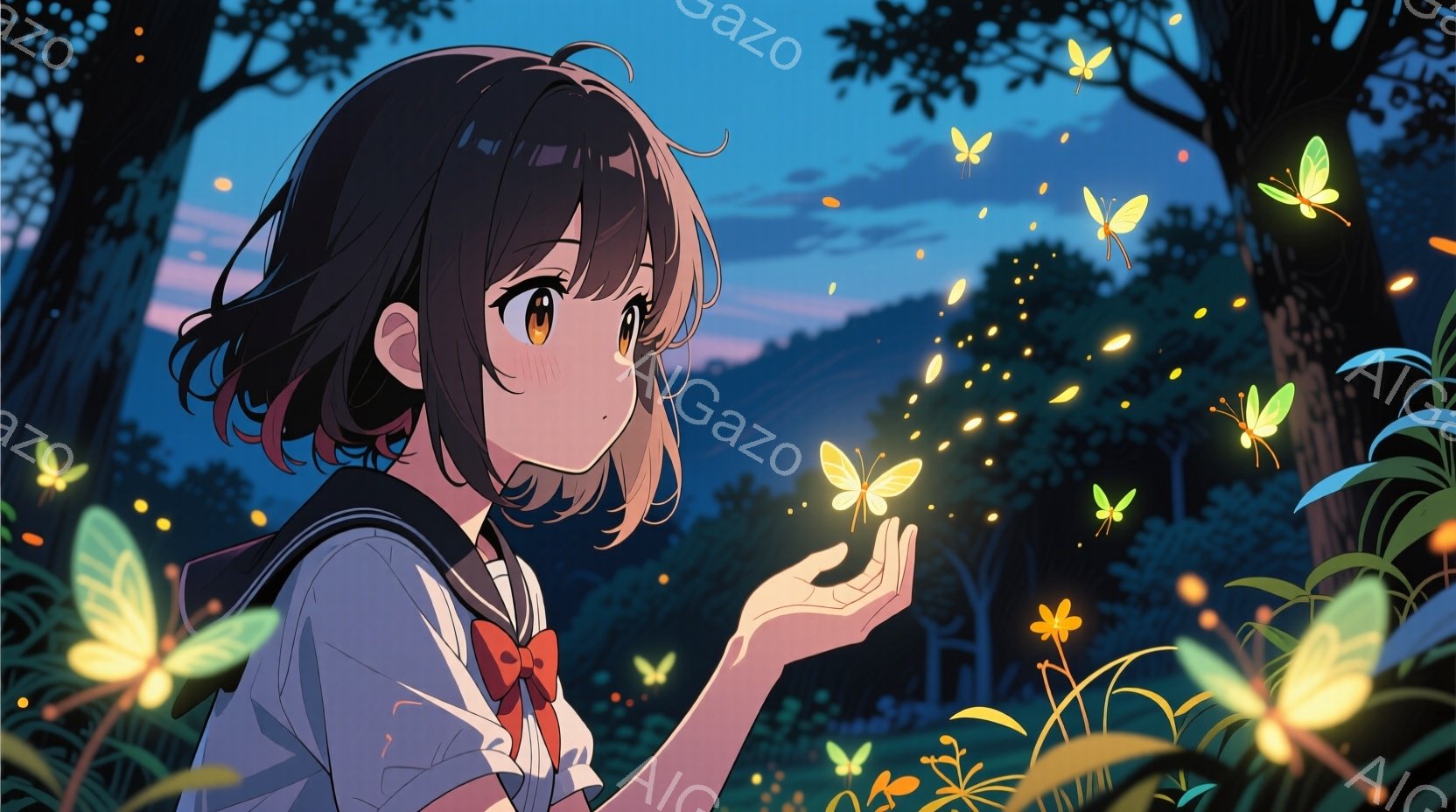 短い茶色の髪の少女が、夜の森の中で手を広げて蛍を捕まえようとしています。彼女は白いシャツに赤いリボンとセーラー服を着ており、顔はわずかに赤みを帯びて、うっとりとした表情をしています。背景には緑豊かな植 - AI生成フリー素材
