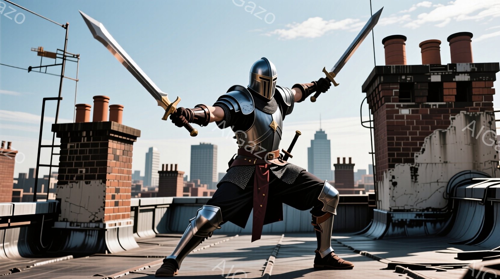 中世の騎士が、都市の屋上に立って両手に剣を構えている。黒い衣装に鎧を身に着け、膝と肘には装飾が施された鎧が光っている。背景には高層ビル群が広がり、晴天の下、緊張感のある雰囲気を作り出している。 - AI生成フリー素材
