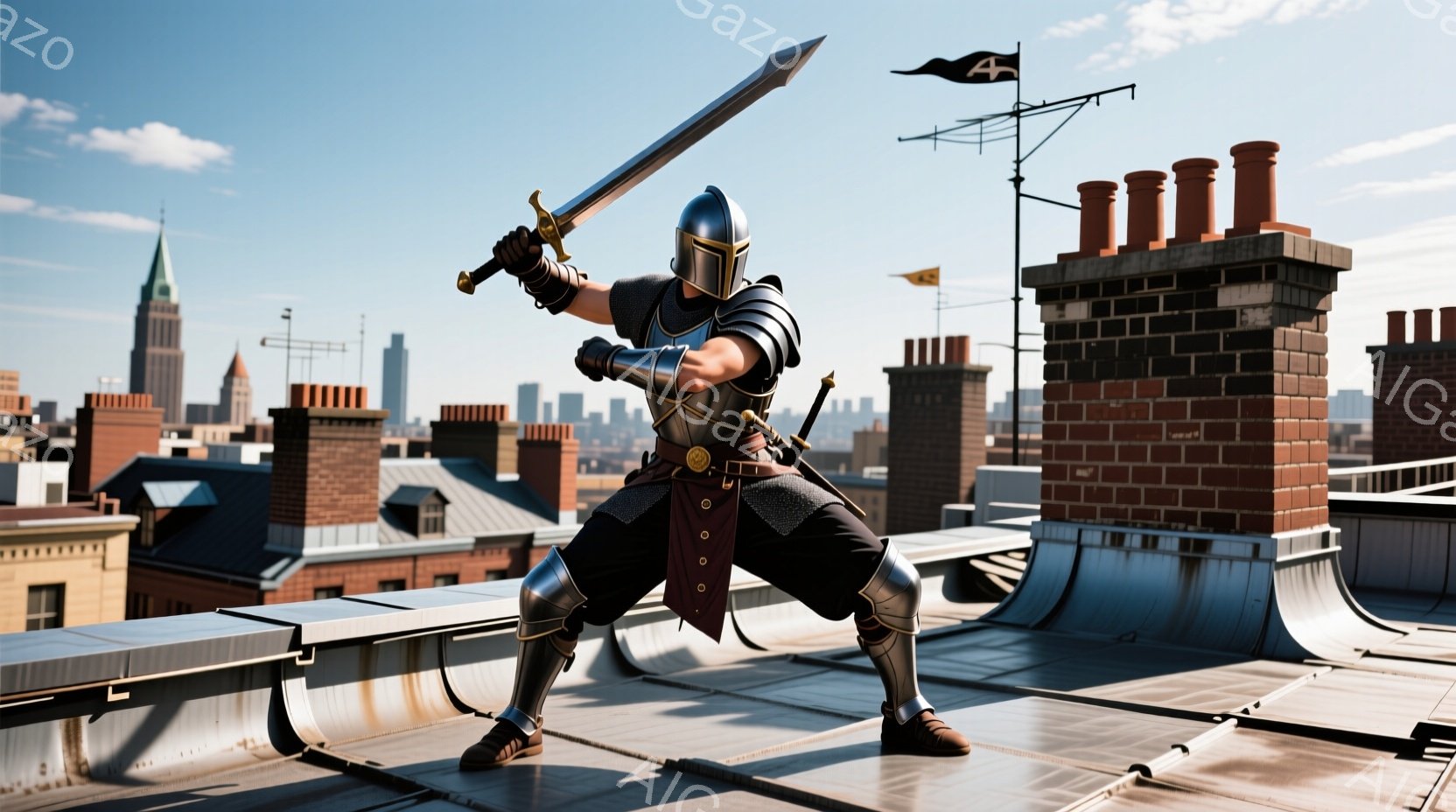 中世風の鎧を身につけた人物が屋上に立っており、片手に剣を構えています。背景にはレンガ造りの煙突や高層ビル群が広がり、晴れた空と合わせて中世と現代が混ざり合った独特の雰囲気を醸し出しています。人物の姿勢は攻撃的であり、臨戦態勢であることが伺えます。