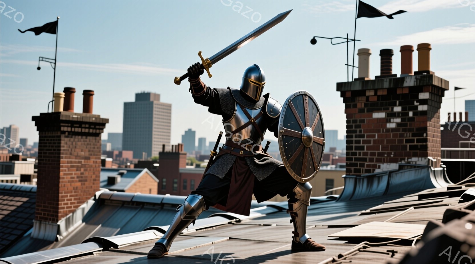 中世の騎士が、近代的な都市の屋上に立っている。彼は全身を鎧で覆い、左手に盾、右手に剣を持ち、警戒したような姿勢で周囲を見渡している。背景には高層ビル群や煙突が並び、晴天の下、中世と現代が混在する奇妙な光景を作り出している。