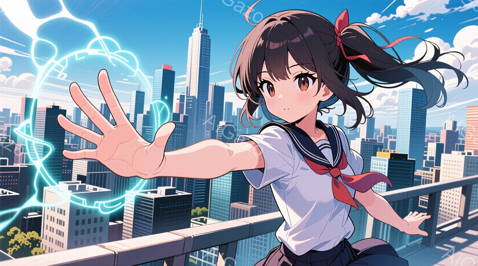 茶色の髪をポニーテールにした少女が、高層ビル群の上にいる屋上から片手を伸ばしています。制服姿で、セーラー服に赤いリボンが結ばれています。背景には青空と白い雲が広がり、都市の風景が広がっており、活気と希望に満ちた雰囲気です。