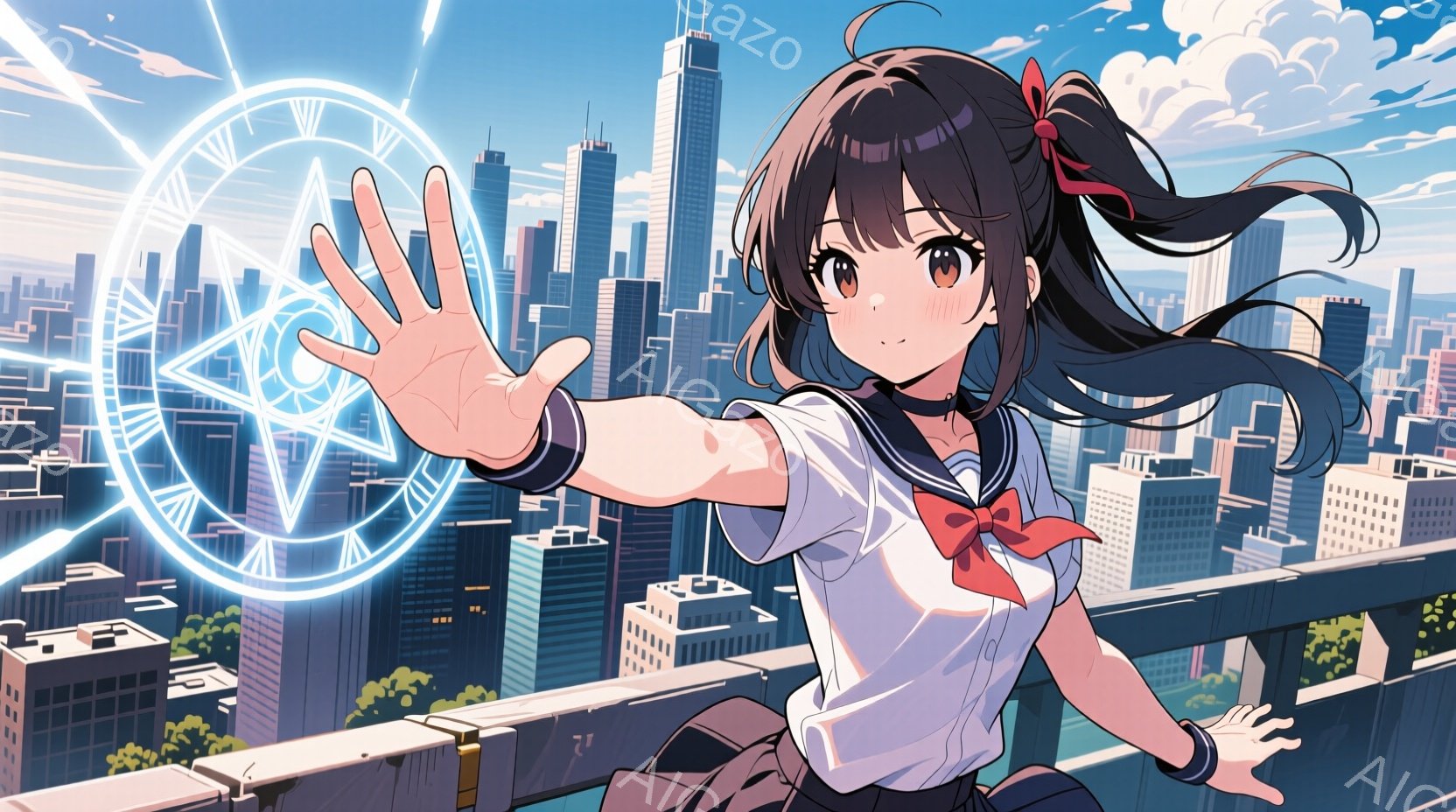 黒髪をポニーテールにした少女が、高層ビル群を見下ろす屋上に立っている。白いブラウスに赤いリボン、セーラー服姿で、片手を前に差し出し、光る魔法陣を操っている。背景には晴れた空と緑豊かな木々、そして近代的な高層ビル群が広がり、躍動感と神秘的な雰囲気が漂う。
