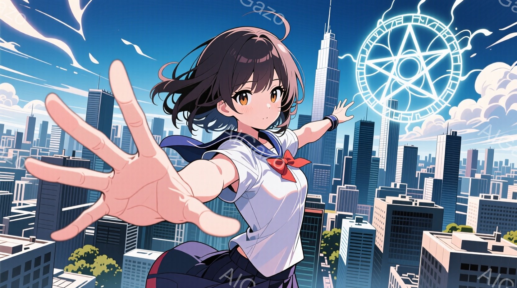 茶髪の少女が、白いブラウスと紺色のスカートの制服を着て、両手を広げている。背景には高層ビル群が広がり、空には雲が浮かび、強い光を放つ円形の魔法陣が描かれている。全体的に、活気に満ちたアクションシーンで - AI生成フリー素材