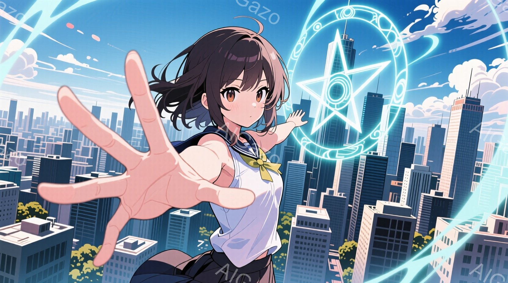 茶色の髪の少女が都市の風景を背景に、片手を伸ばして魔法陣を操っている。彼女は白いブラウスにネクタイ、プリーツスカートという制服を着ており、表情は真剣でどこか決意に満ちている。背景には高層ビル群が広がり - AI生成フリー素材