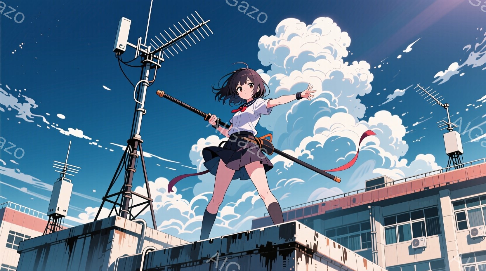 長い黒髪を揺らし、セーラー服姿の少女が屋上に立っている。彼女は片手に剣を持ち、もう片手を広げて、活発なポーズをとっている。背景には、青空と白い雲、そして高層ビルが広がっており、爽やかで躍動感のある雰囲気が漂っている。