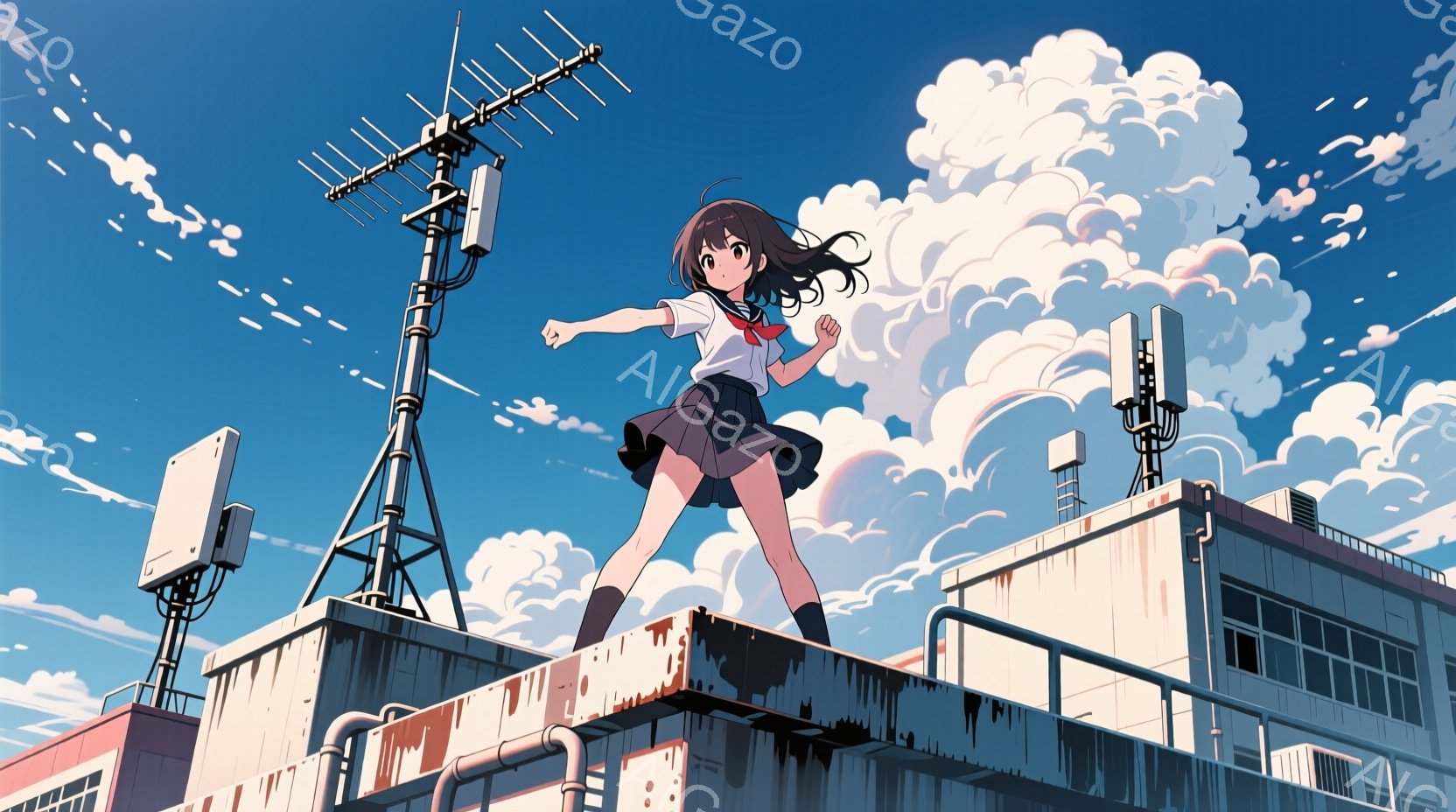 少女は制服姿で、屋上の縁に片足を乗せ、空に向かって走り出すようなポーズをとっています。彼女は黒髪のロングヘアで、少し微笑んでいるような表情をしています。背景には、白く膨らんだ雲と、古い校舎のような建物があり、晴天で開放的な雰囲気が漂っています。
