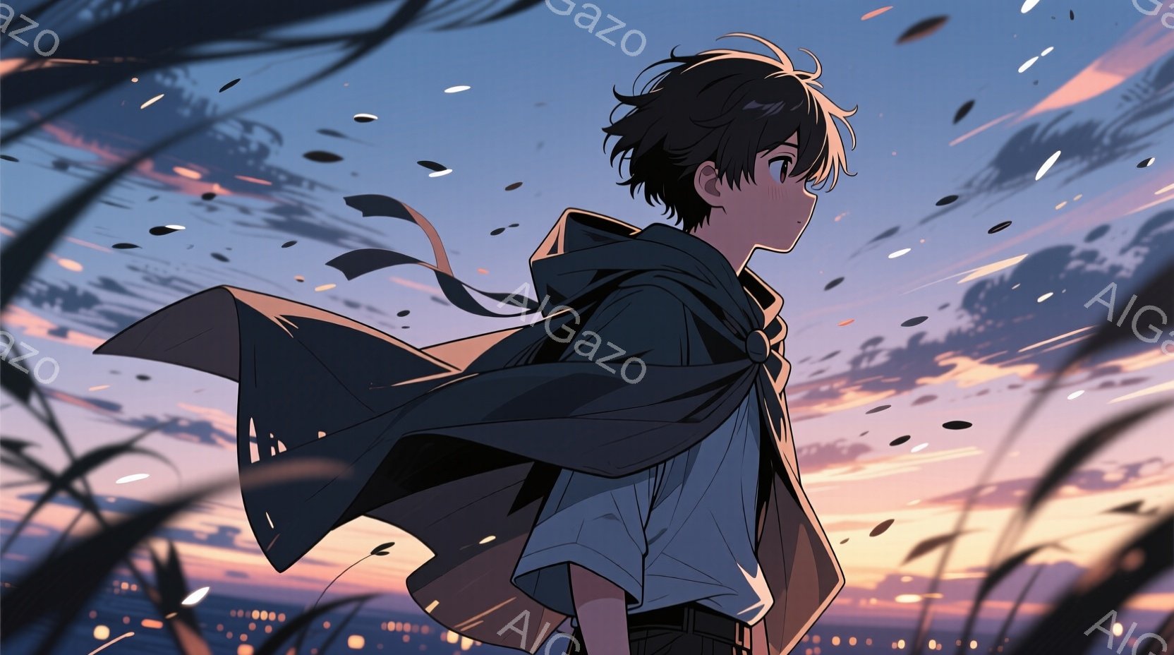 少年は黒髪で、少し無造作なヘアスタイルをしている。白いシャツに黒いショールのようなものを羽織り、落ち着いた表情で遠くを見つめている。背景は夕焼け空と街の明かりが混ざり合い、風に舞う葉が幻想的な雰囲気を醸し出している。