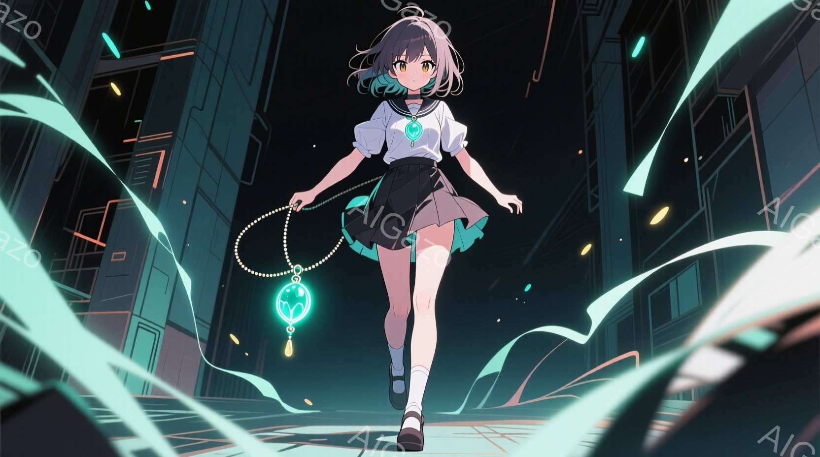 ショートカットの灰色の髪をした少女が、黒いスカートと白いブラウス姿で、薄暗い路地をまっすぐ歩いている。彼女は首から宝石のようなペンダントを下げており、そのペンダントが青緑色の光を放っている。背景には高層ビル群が立ち並び、青緑色の光の筋が空を舞い、未来的な雰囲気を醸し出している。
