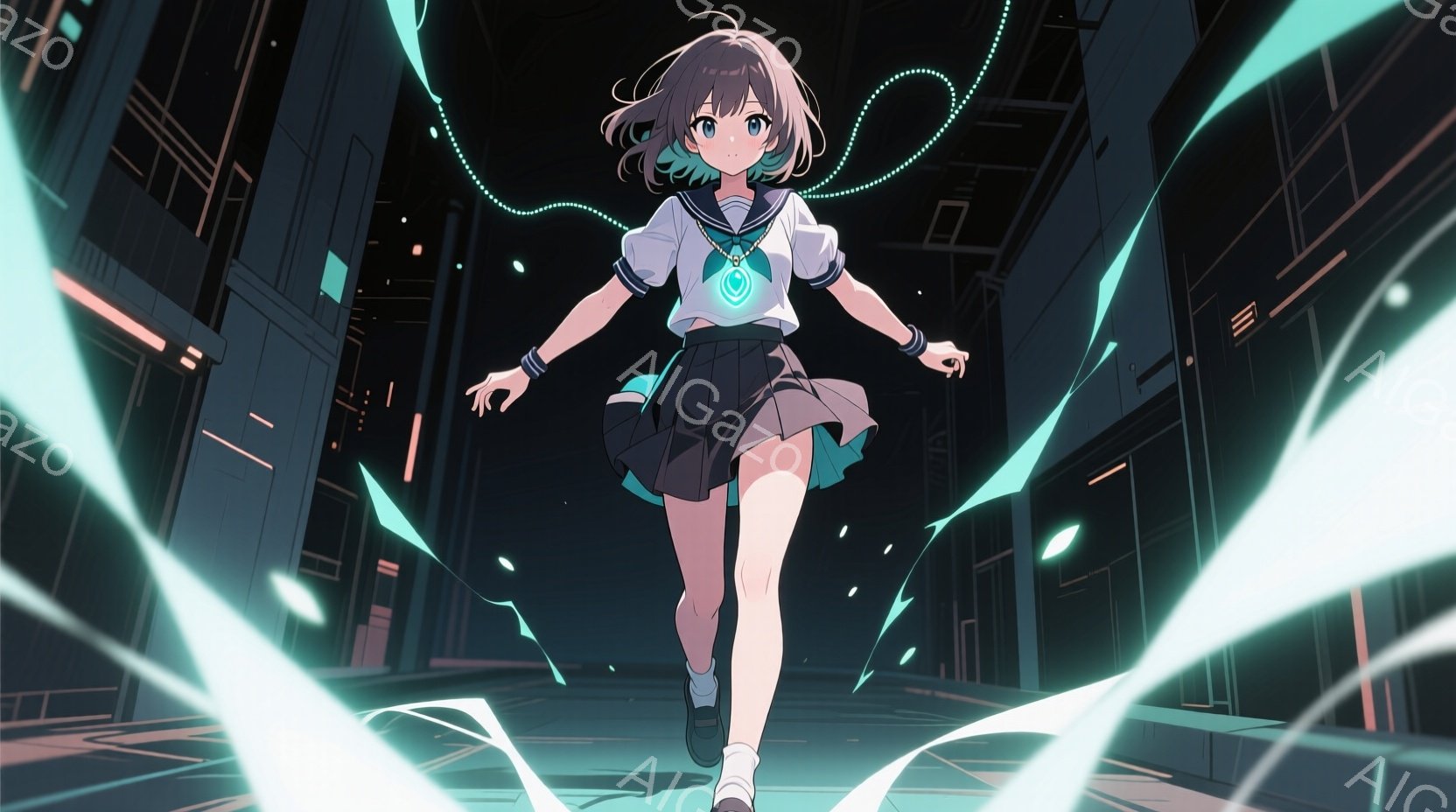 明るい茶色の髪の少女が、紺色のセーラー服と黒いミニスカート、白いスニーカーを身につけ、前方を向いて歩いている。彼女の表情は決意に満ちており、首には光る青いペンダントが飾られている。背景は暗く、未来的な建物が並び、青白い光の線が彼女を取り囲むように放射されている。