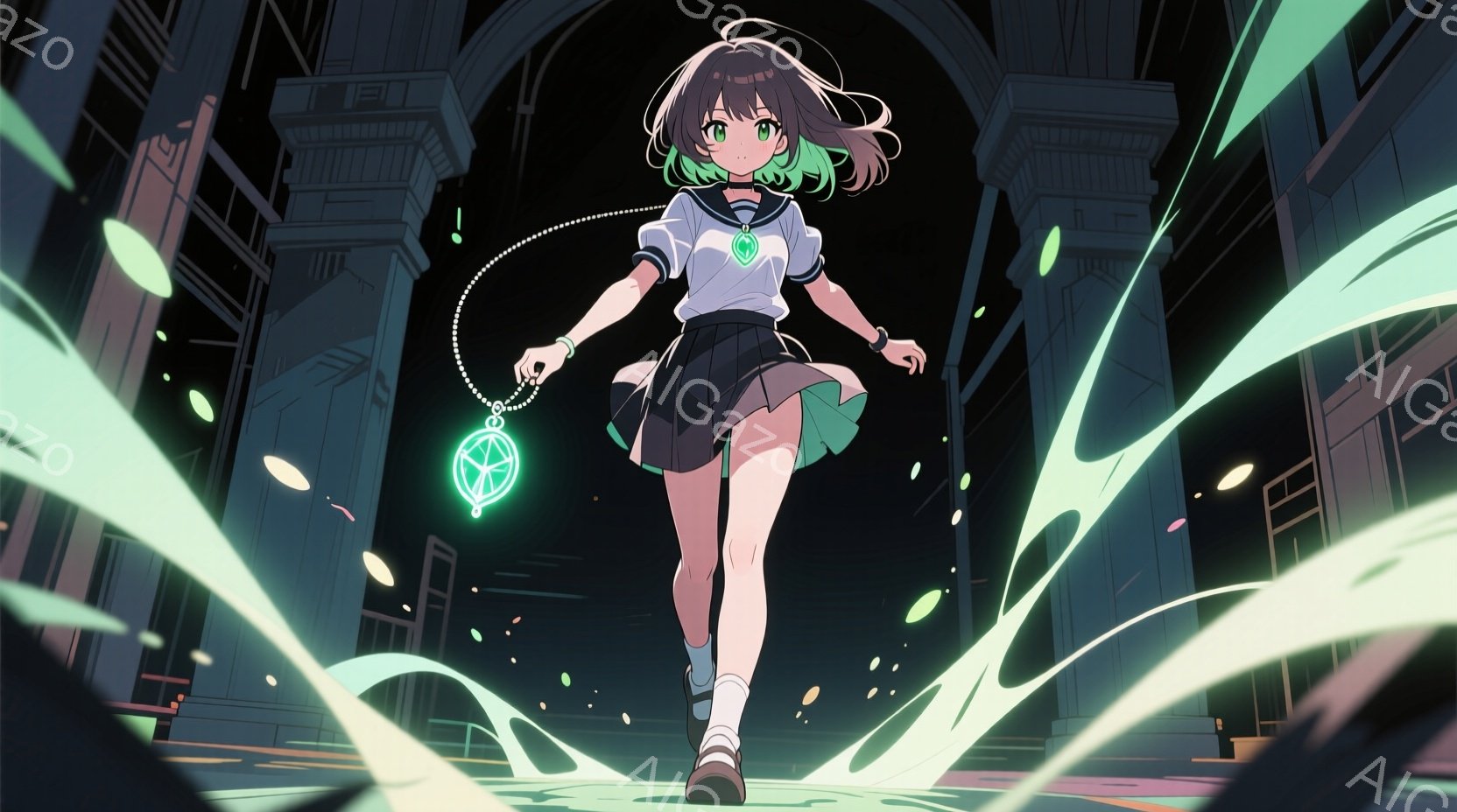 若い女性が夜の廃墟のような場所を正面から歩いてくる様子が描かれています。彼女は白いシャツに緑色の短いスカート、そして運動靴を履いており、首には光るペンダントを下げています。背景には柱が立ち並び、緑色の光の粒子が彼女の周りを舞い、神秘的で幻想的な雰囲気を醸し出しています。