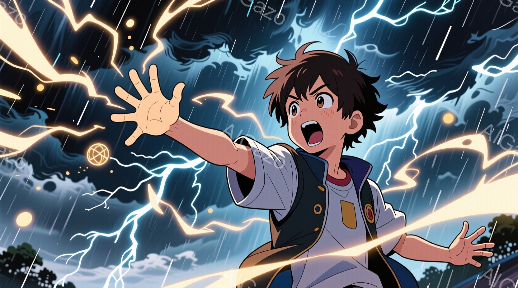 若い少年が雷雨の中で両手を広げて立っている。彼は白いTシャツ、ベスト、濃い青色のズボンを着用し、短い茶色の髪は少し逆立っている。背景には稲妻が走り、暗い雲が立ち込め、激しい雨が降っており、少年は驚きと興奮が入り混じった表情で、まるで雷の力を感じ取っているかのようだ。