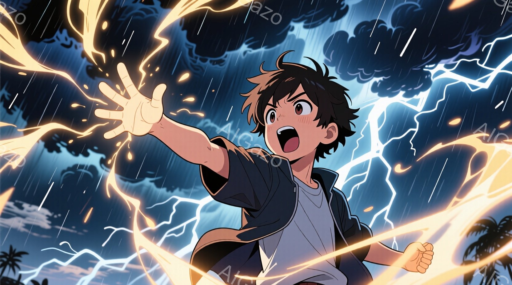若い少年が雷雨の中で両手を広げ、金色のエネルギー線を操っている。彼は茶色のフサフサした髪を持ち、驚いた表情で口を開けている。背景には暗い雲、稲妻、そしてシルエットのヤシの木々が描かれ、激しい嵐の雰囲気を醸し出している。