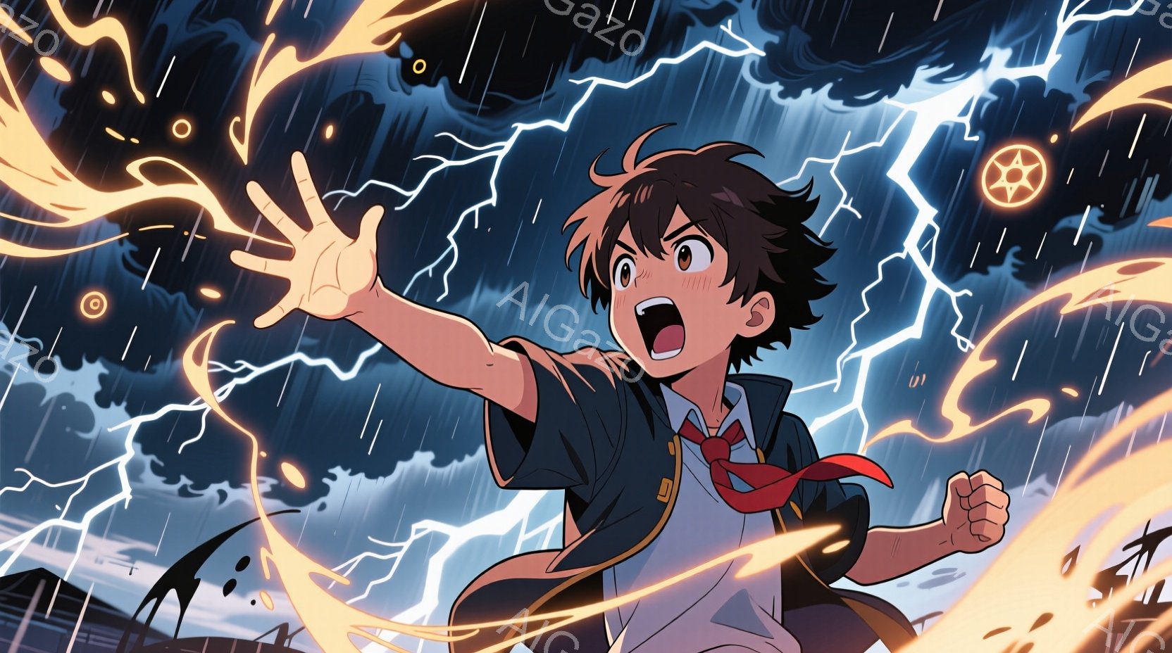 短い黒髪で、少しカールした髪型をした少年が描かれています。彼は紺色のジャケットと白いシャツを着ており、赤いネクタイが特徴的です。背景は雨が降りしきる夜の街並みで、稲妻が光り、ドラマチックな雰囲気を醸し - AI生成フリー素材