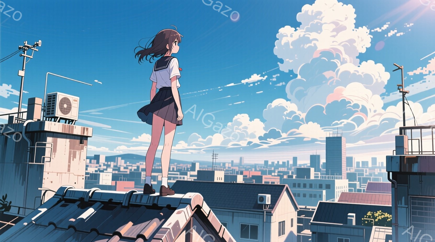 制服を着た少女が屋根の上に立っている様子が描かれています。彼女は黒髪で、風になびく長い髪を持ち、背中を向けて遠くを見つめています。背景には、密集した都市の建物と、広大な白い雲が広がる青空が広がっており - AI生成フリー素材