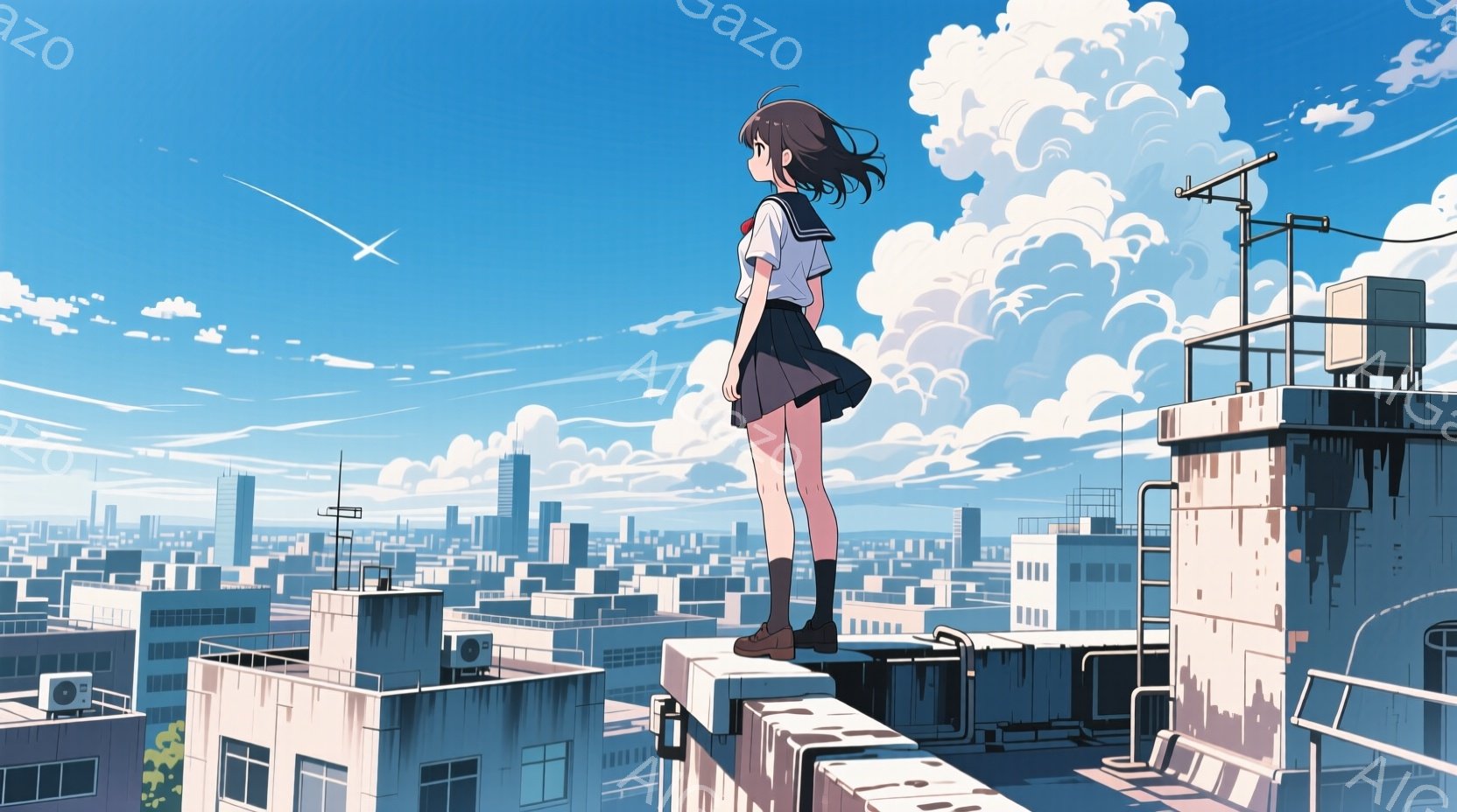 明るい青空の下、少女が建物の屋上に立っている。彼女はセーラー服と黒いスカートを着用し、黒い靴下とブーツを履いている。背景には、密集した都市の建物と、ふわふわとした白い雲が広がり、晴れた日の爽やかな雰囲気を醸し出している。