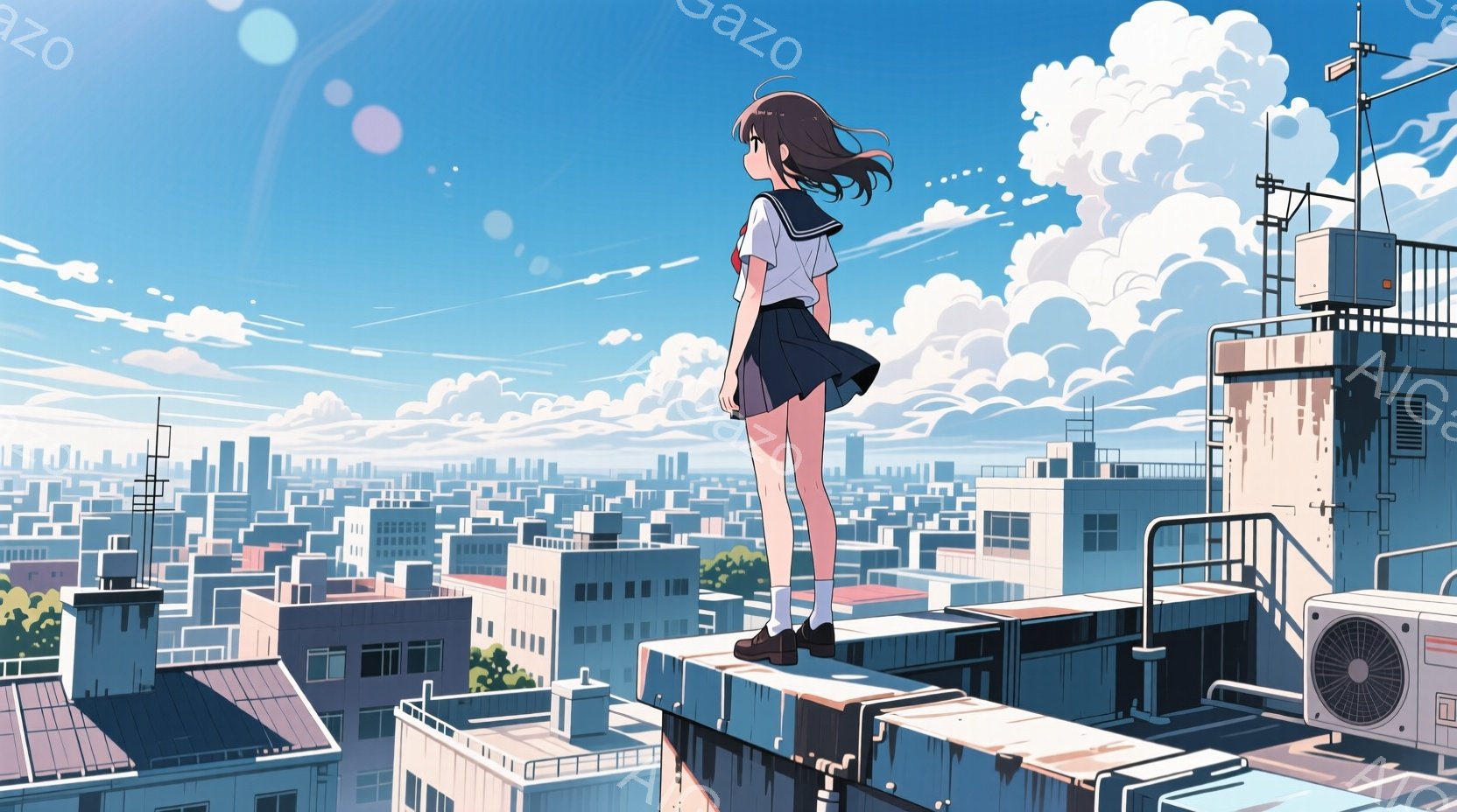 制服を着た少女が屋上から都市を見下ろしている様子が描かれています。彼女は黒髪で、少し風になびいているようです。背景には、密集した建物と、晴れた空に浮かぶ白い雲が広がり、爽やかで少し物憂げな雰囲気を醸し - AI生成フリー素材