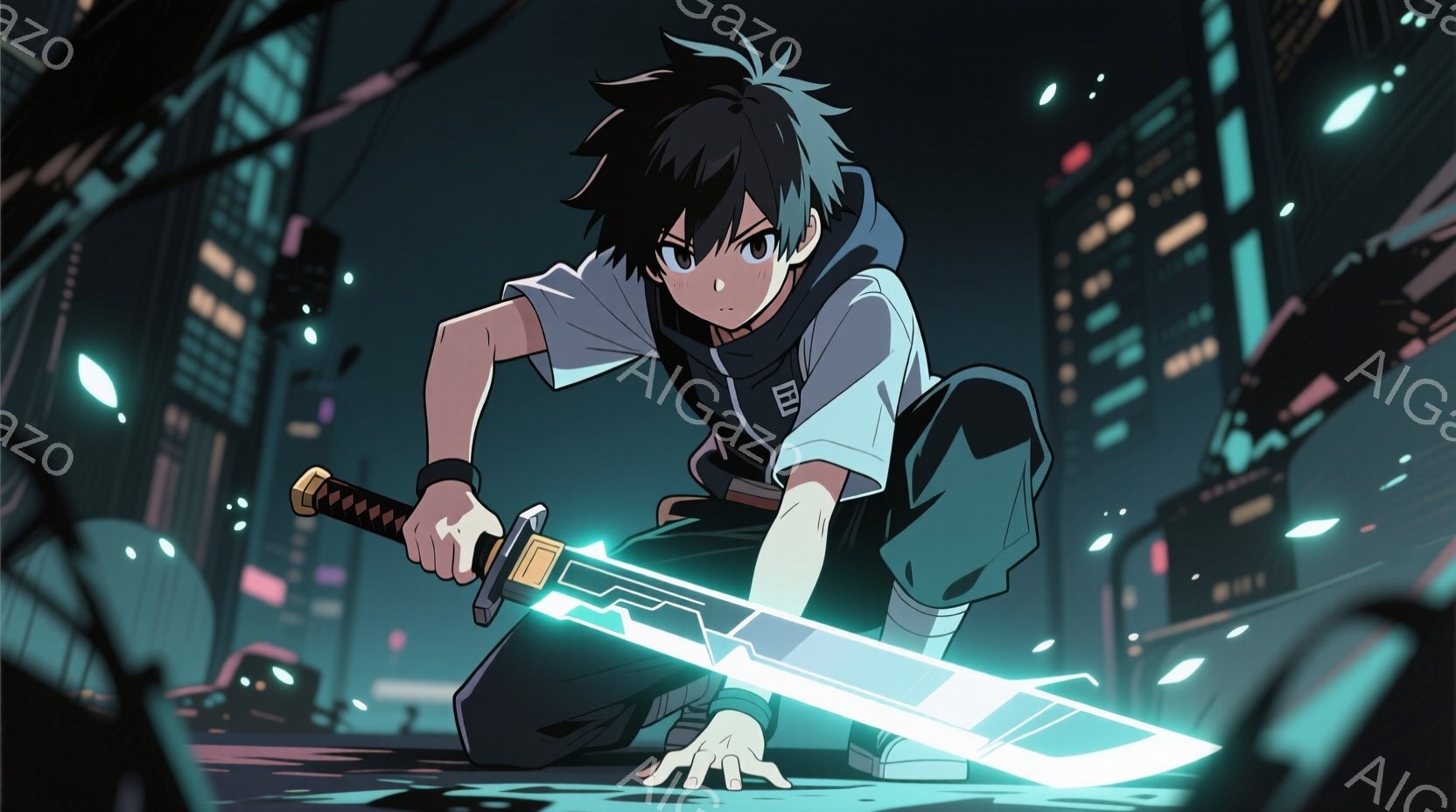 若い男性が膝をつき、光る刀を前に構えている。彼は黒いパーカーに白いジャケット、黒いズボン、スニーカーを身に着けており、無造作に跳ねた黒髪が特徴的だ。背景には高層ビル群が立ち並び、夜の都市の雰囲気を醸し出している。