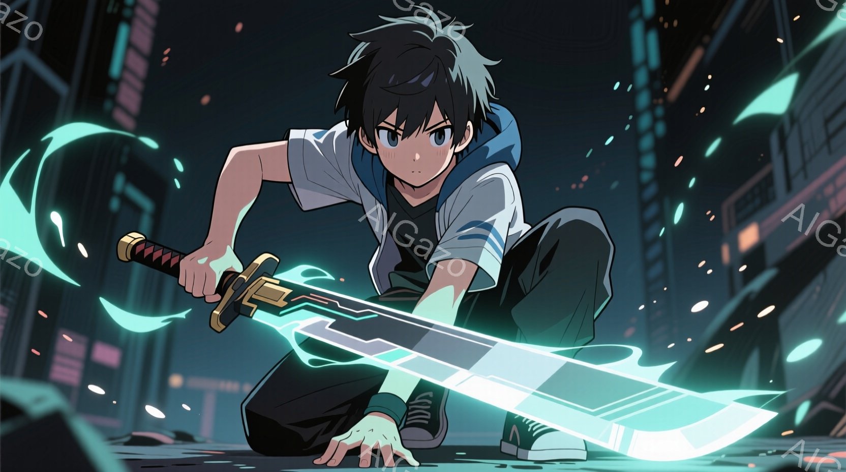 若い男性が、膝をつき、光る巨大な日本刀を両手で握り、臨戦態勢をとっています。彼は白のパーカーと黒のズボンを着用し、黒髪で少し乱れたヘアスタイルをしています。背景には、ぼやけた都市の風景と、光の粒子が飛び交う様子が描かれ、緊迫感と活気に満ちた雰囲気を醸し出しています。