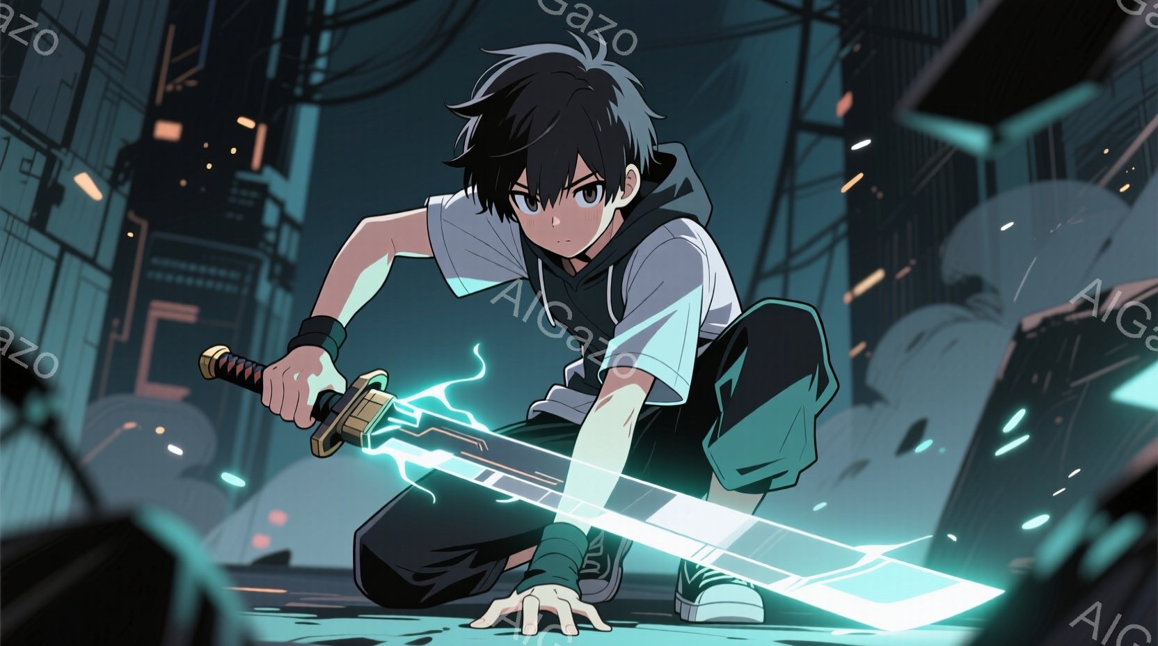 若い男性が、膝をついて剣を構えている。彼は黒い髪に、白いパーカーと黒いズボンというカジュアルな服装で、真剣な表情をしている。背景は、ぼやけた都市の風景で、建物の輪郭と光がかすかに見える。