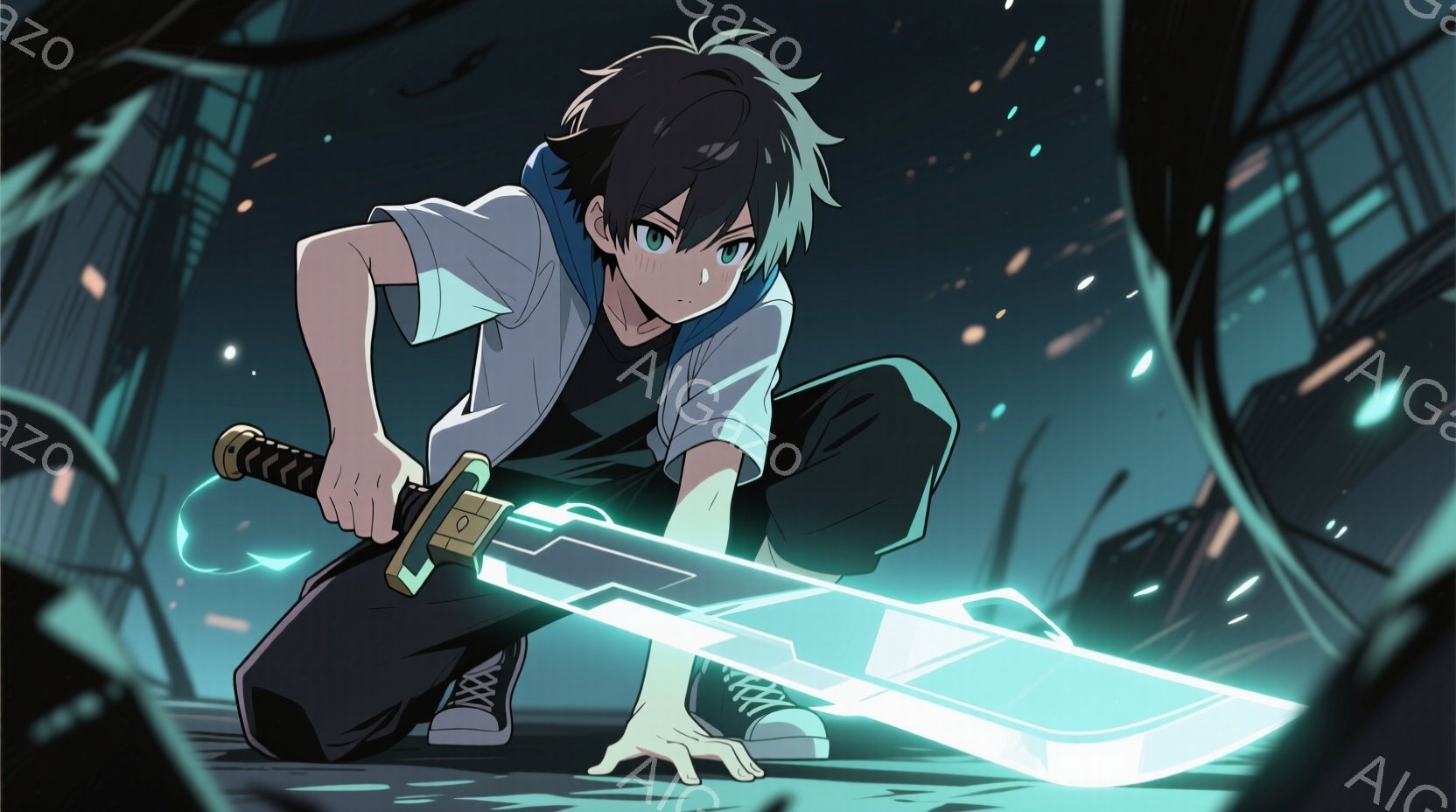 若者は身をかがめ、青白い光を放つ巨大な刀を両手で握り、戦闘態勢を取っている。黒い服に白いシャツ、スニーカーを履き、無表情で前を見据えている。背景は破壊された都市の廃墟で、瓦礫と光の粒子が舞い、緊迫感のある雰囲気を醸し出している。