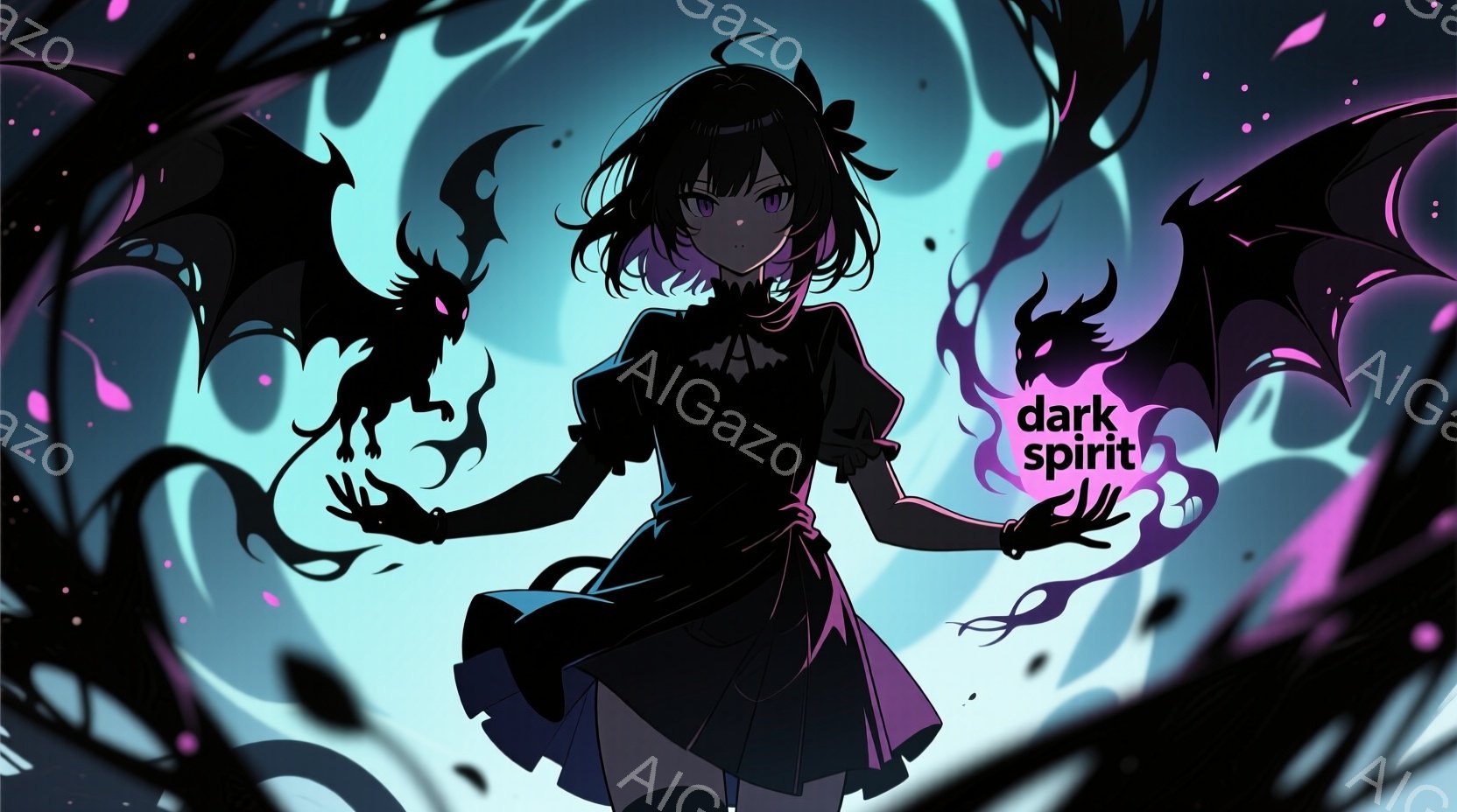 黒髪の少女が、黒いドレスを着て両手を広げて立っている。彼女の周りには、黒い翼を持つ多数の黒い影の生き物が飛び交い、背景は青と紫の渦巻くような光に満たされている。全体的に、不気味でありながらも力強い雰囲気を持つイラストである。