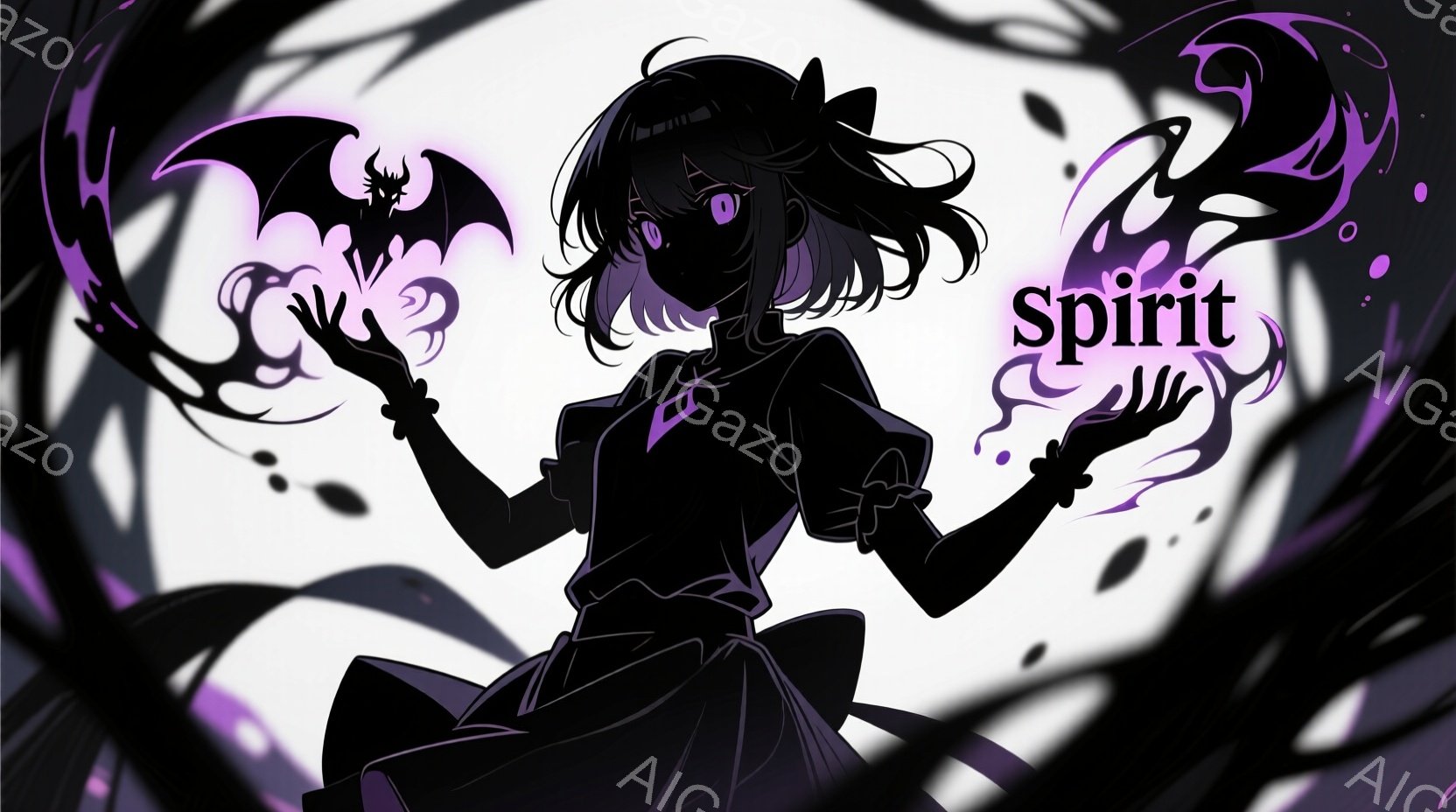 シルエットで描かれた少女が、紫色のエネルギーのようなものを持つポーズをとっています。彼女はフリル襟のドレスを着ており、髪は長く、少しカールしています。背景は紫色のエネルギーが渦巻く抽象的な模様で、神秘的で力強い雰囲気を醸し出しています。