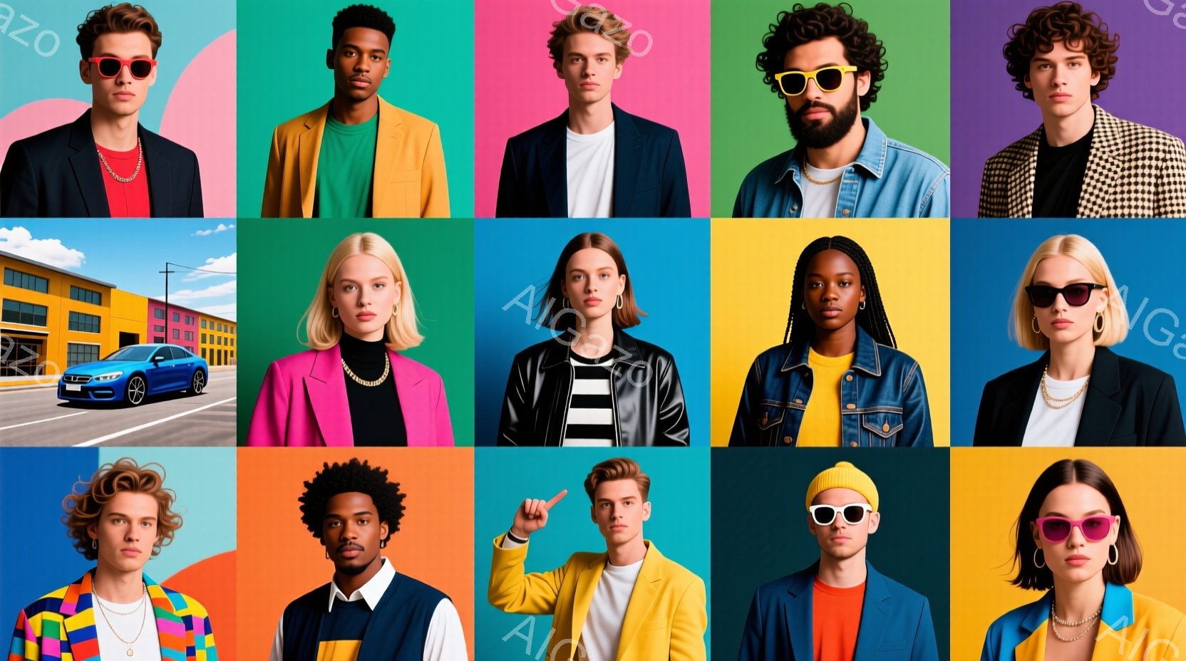 さまざまな人々のポートレートと青い車が並んだコラージュです。人々はそれぞれ異なる色の背景を背にしており、それぞれが独特なファッションスタイルと表情をしています。背景には建物や空が見え、全体的にカラフルで活気のある雰囲気です。