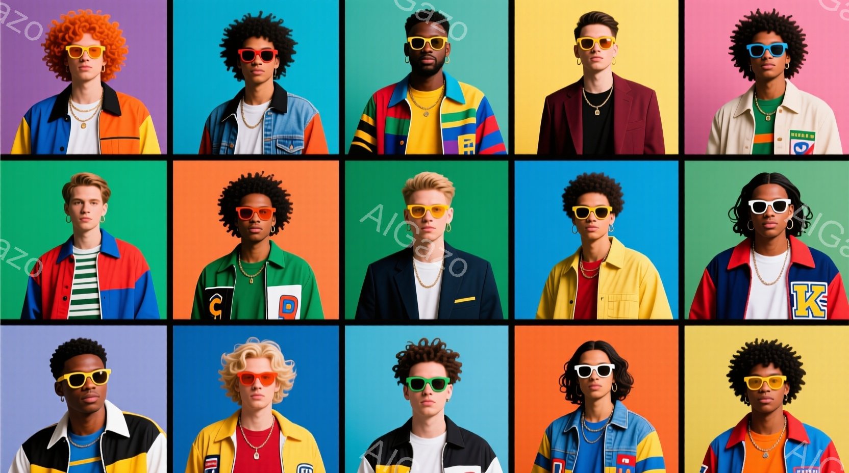 様々な人種と髪型の男性たちが、カラフルな背景の前でそれぞれ異なる色のサングラスをかけてポーズをとっています。彼らはそれぞれ、ブロックカラーのジャケット、セーター、シャツなどを着用し、カジュアルなファッ - AI生成フリー素材