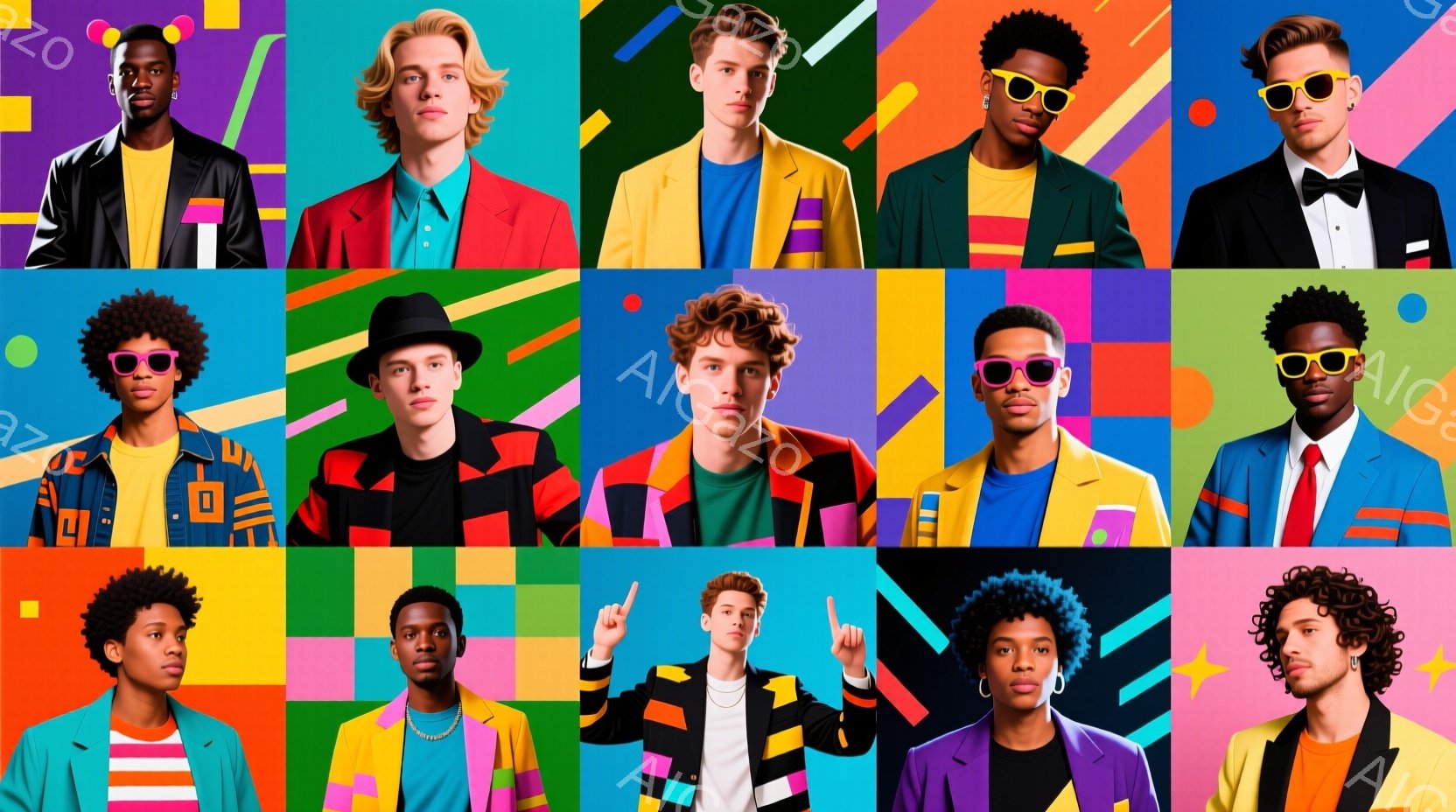 カラフルな背景の前でポーズをとる様々な人々の集合写真です。人々はそれぞれ異なる色の服を着ており、スタイリッシュでモダンな印象を与えます。全体的に、鮮やかな色彩と多様なファッションセンスが特徴で、若々しくエネルギッシュな雰囲気を醸し出しています。