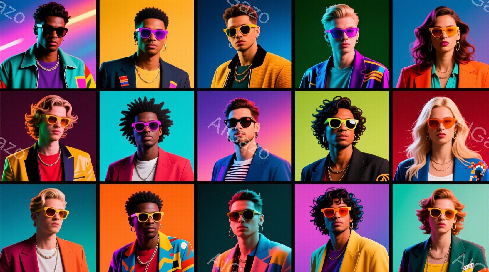 さまざまな人々のポートレートが並んだコラージュです。各人物はカラフルな服装とサングラスを着用し、鮮やかな背景色を背景にしています。全体として、現代的で活気に満ちた雰囲気であり、ファッションや自己表現を - AI生成フリー素材